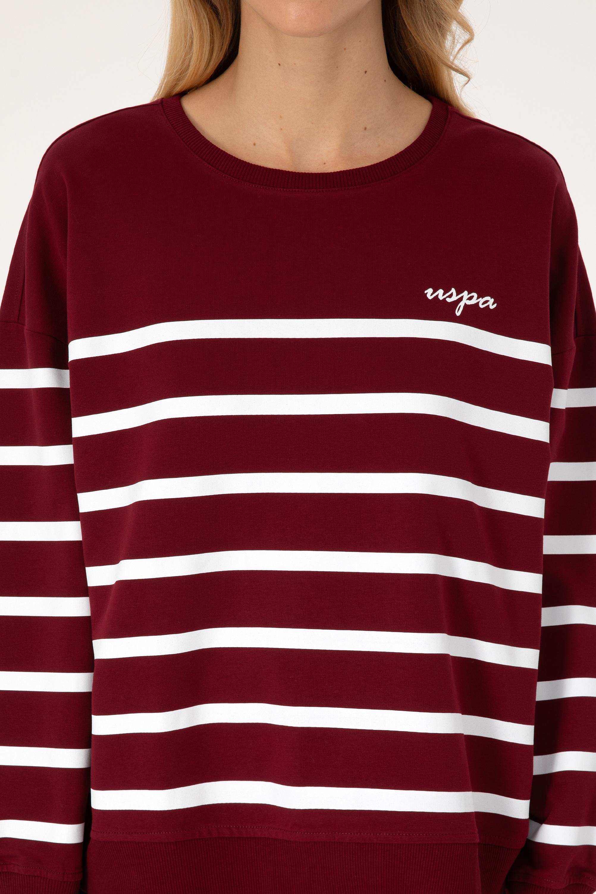 Kadın Bordo Çizgili Bisiklet Yaka Sweatshirt - Image 6