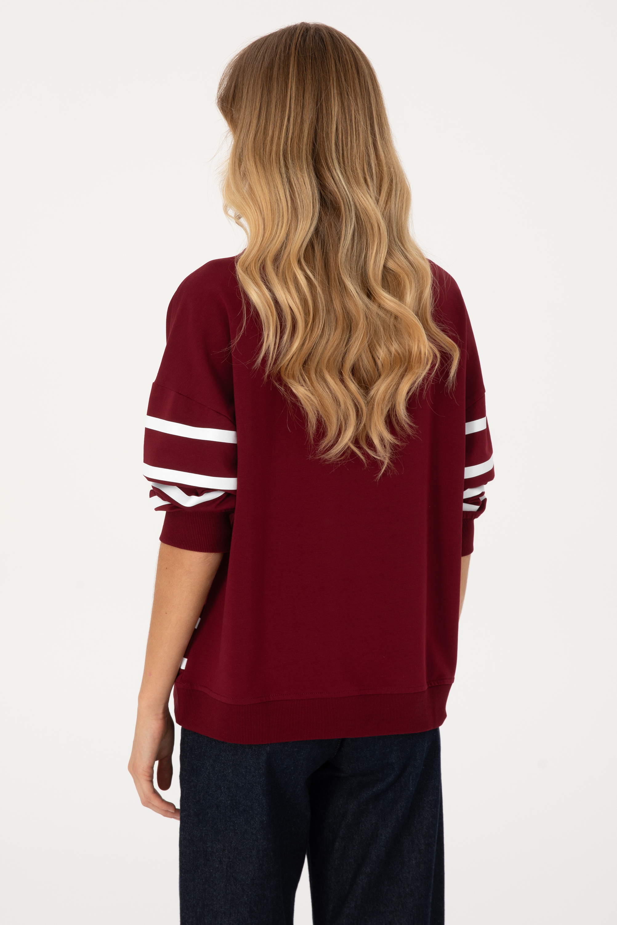 Kadın Bordo Çizgili Bisiklet Yaka Sweatshirt
