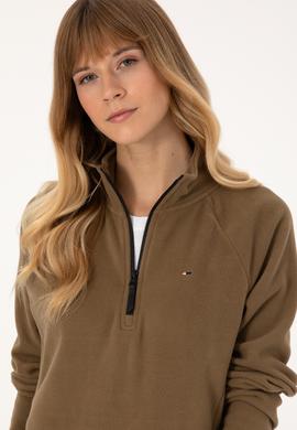 Kadın Açık Haki Fermuarlı Dik Yaka Polar Sweatshirt - 50316714011