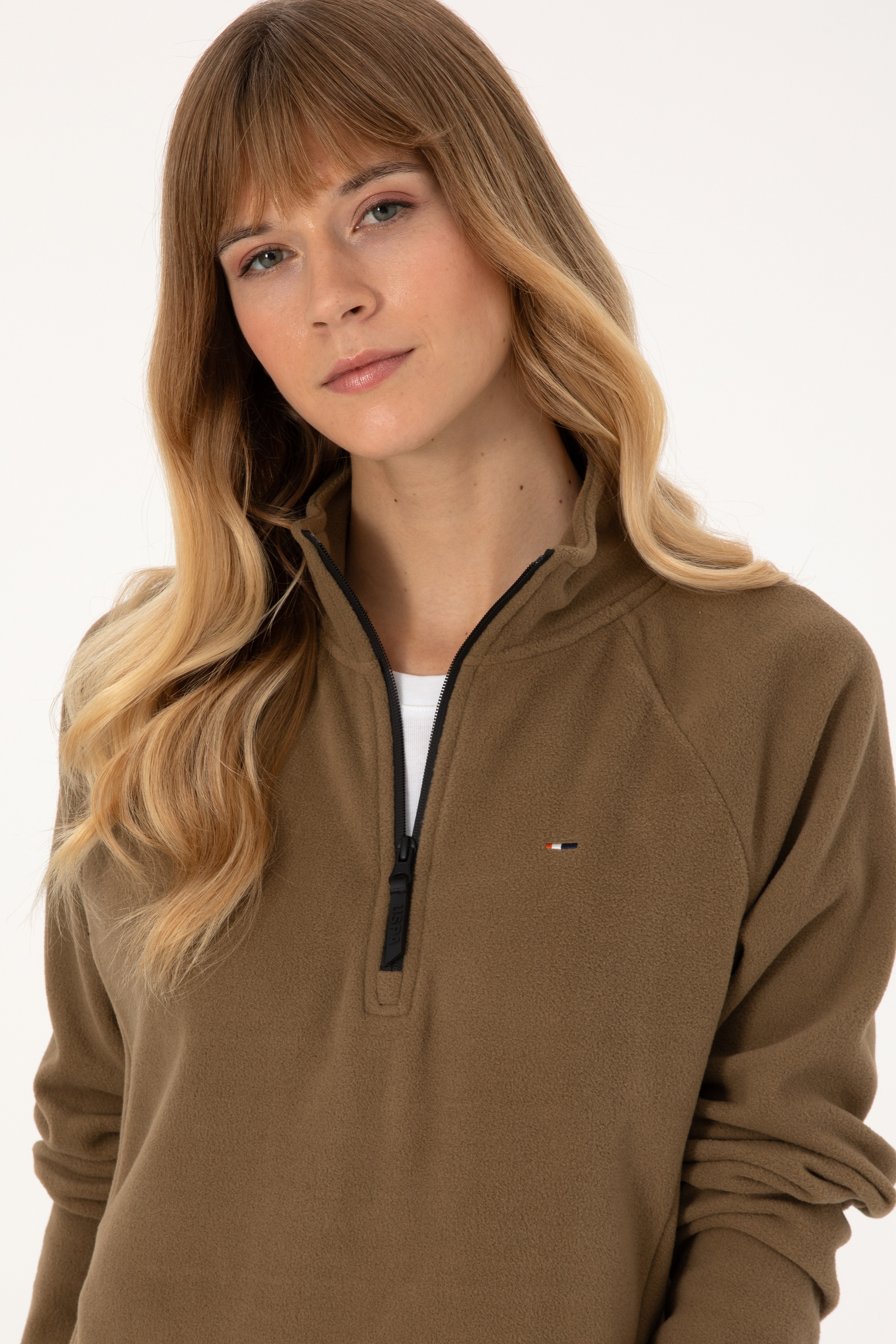 Kadın Açık Haki Fermuarlı Dik Yaka Polar Sweatshirt
