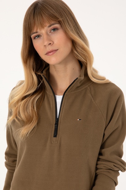 Kadın Açık Haki Fermuarlı Dik Yaka Polar Sweatshirt