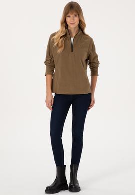 Kadın Açık Haki Fermuarlı Dik Yaka Polar Sweatshirt - 50316714011