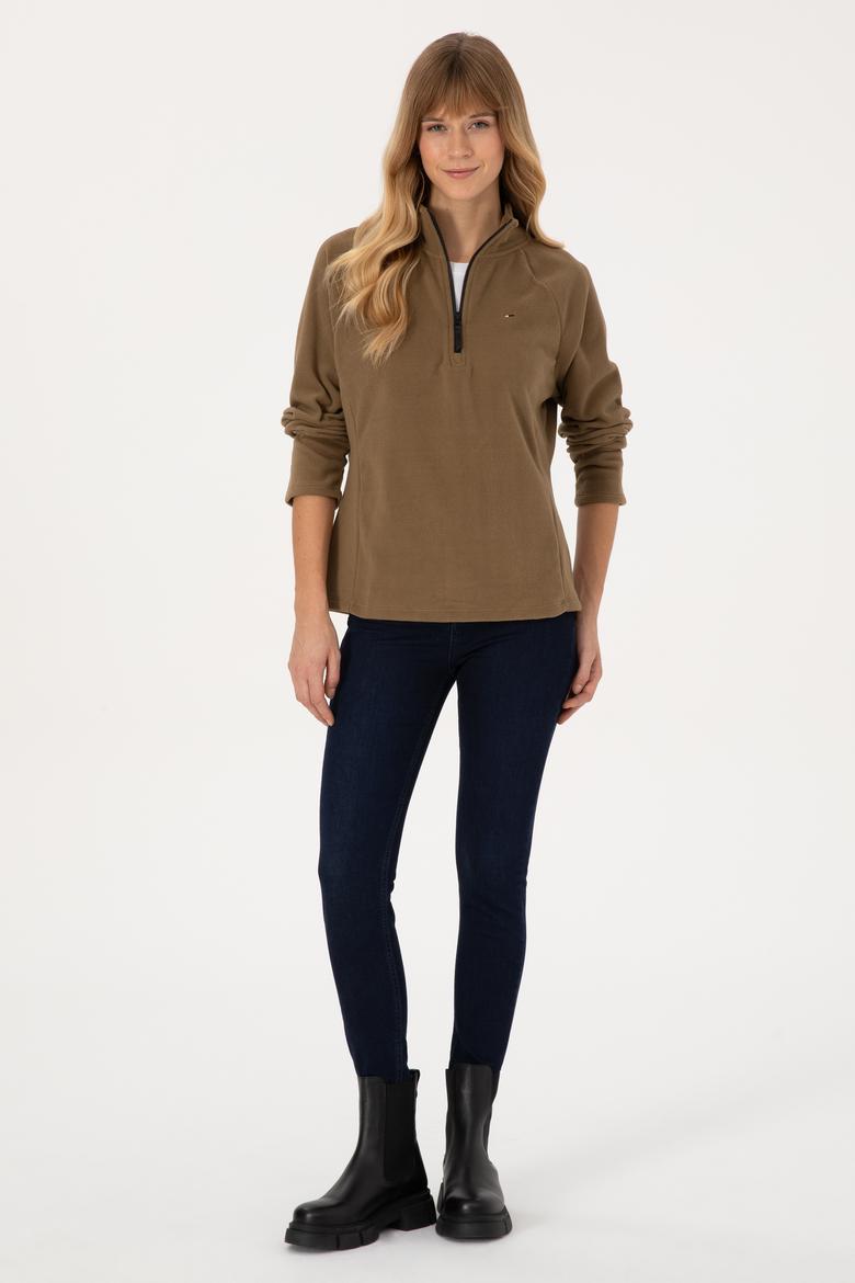 Kadın Açık Haki Fermuarlı Dik Yaka Polar Sweatshirt - 50316714011