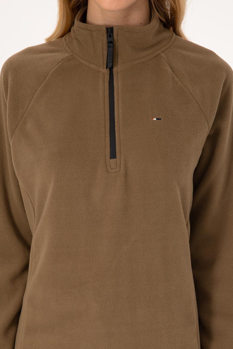 Kadın Açık Haki Fermuarlı Dik Yaka Polar Sweatshirt - 50316714011