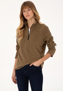 Kadın Açık Haki Fermuarlı Dik Yaka Polar Sweatshirt - 50316714011