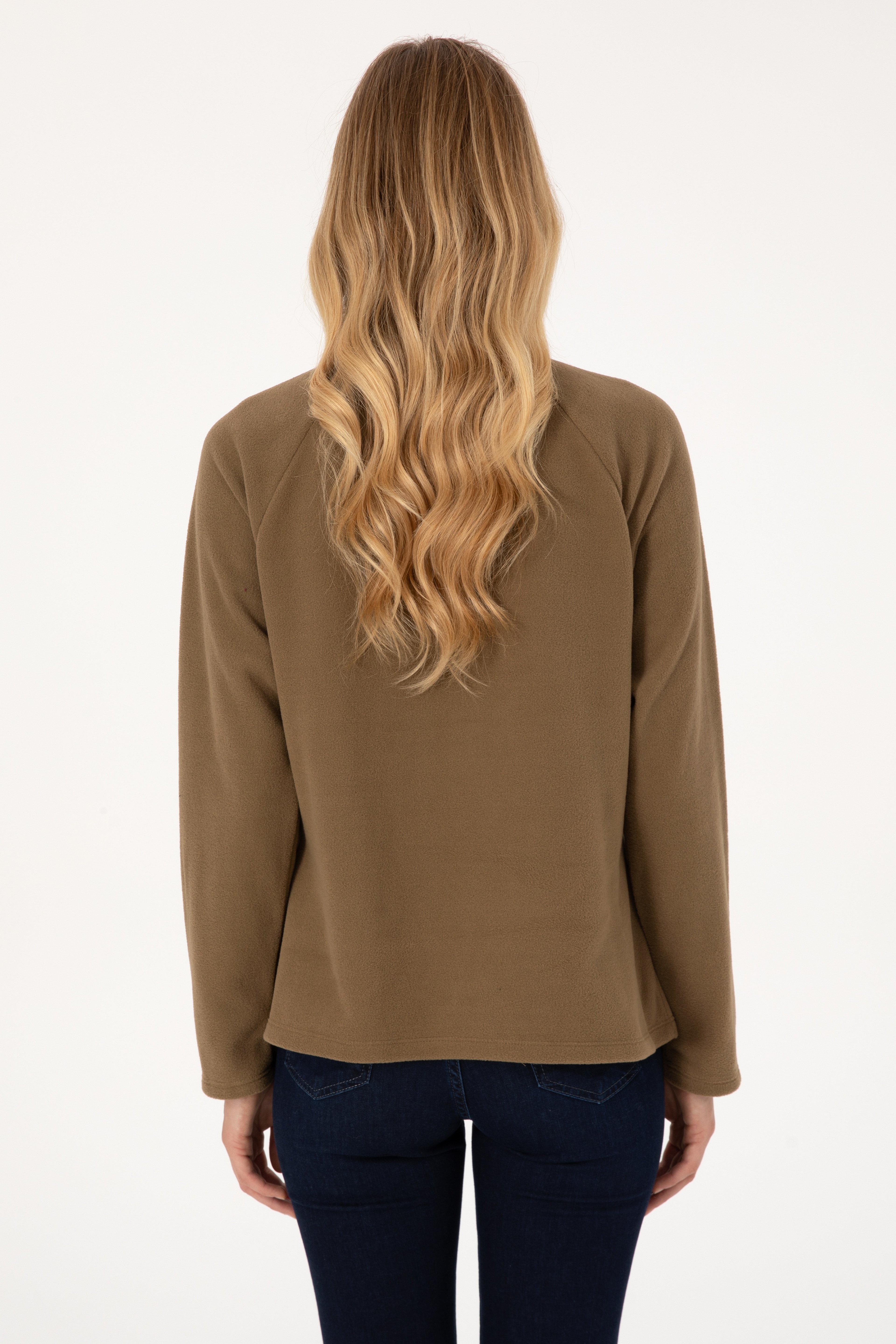 Kadın Açık Haki Fermuarlı Dik Yaka Polar Sweatshirt - Image 5