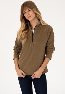 Kadın Açık Haki Fermuarlı Dik Yaka Polar Sweatshirt - 50316714011