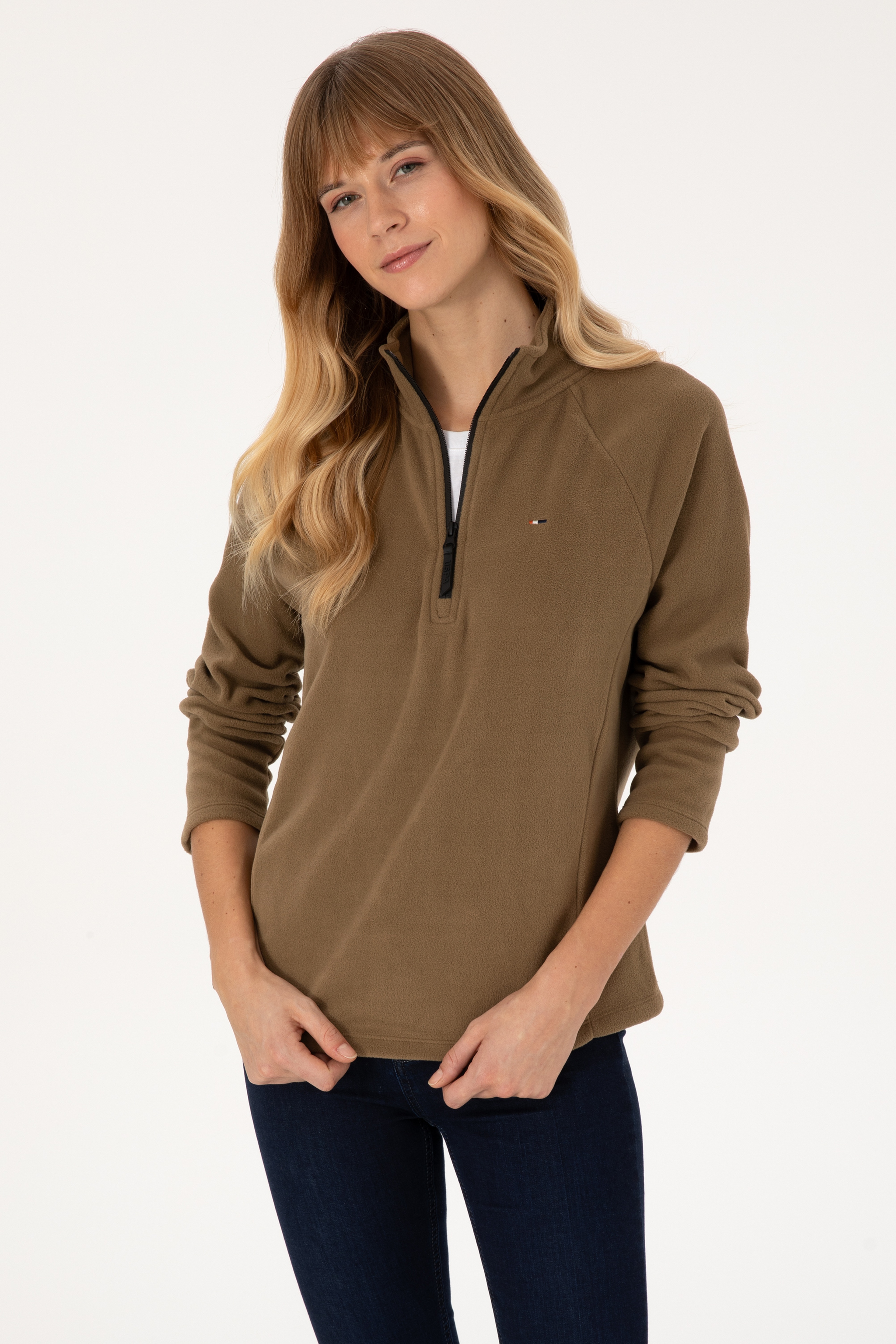 Kadın Açık Haki Fermuarlı Dik Yaka Polar Sweatshirt - Image 3