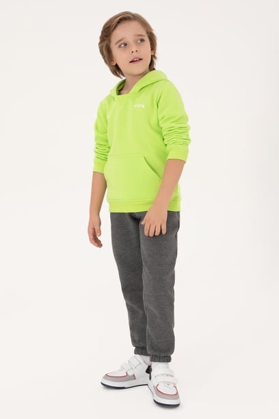 Erkek Çocuk Yeşil Basic Kapüşonlu Şardonlu Sweatshirt