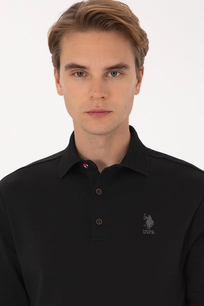 Erkek Regular Fit Polo Yaka Siyah Basic Sweatshirt
