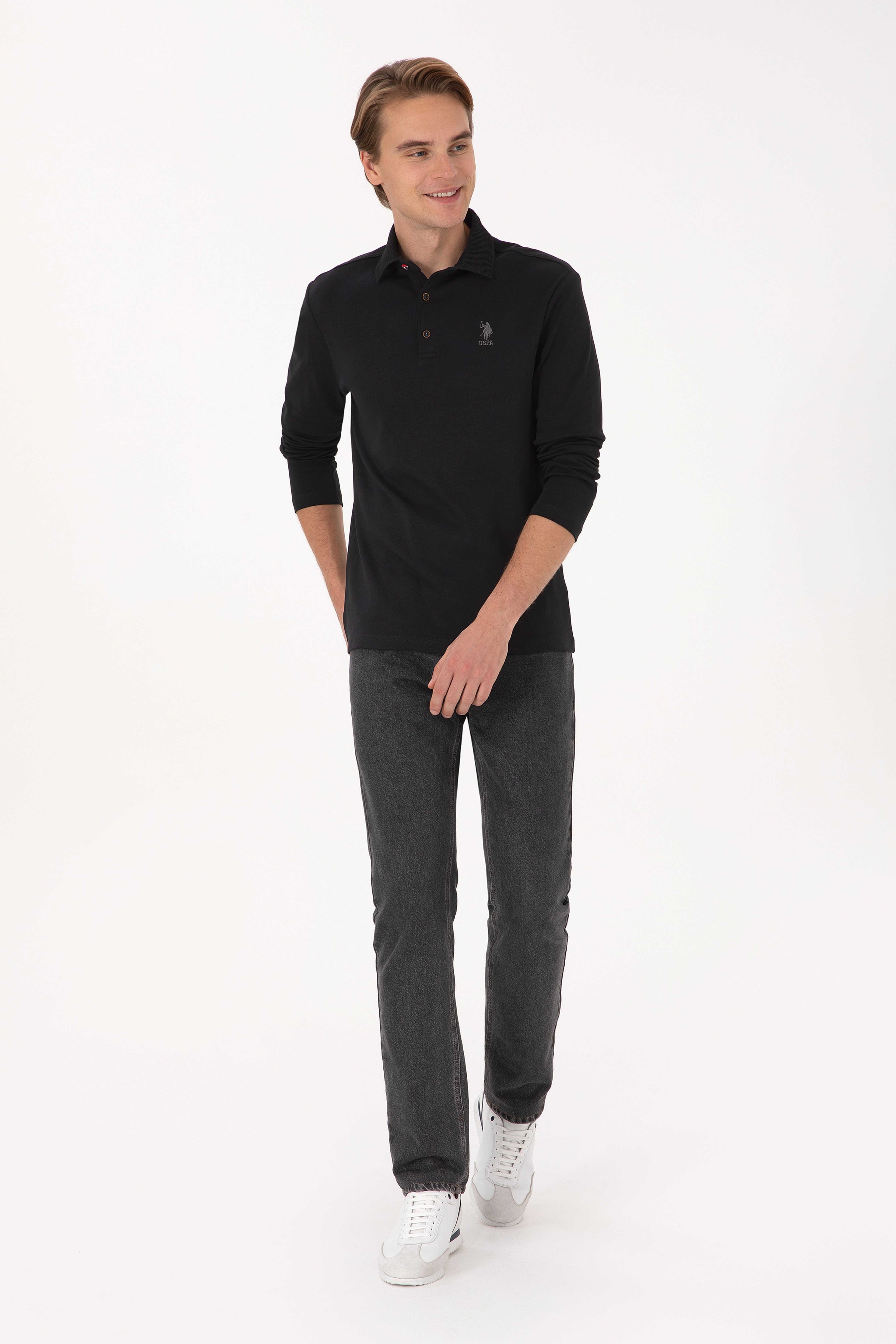 Erkek Regular Fit Polo Yaka Siyah Basic Sweatshirt - Image 4