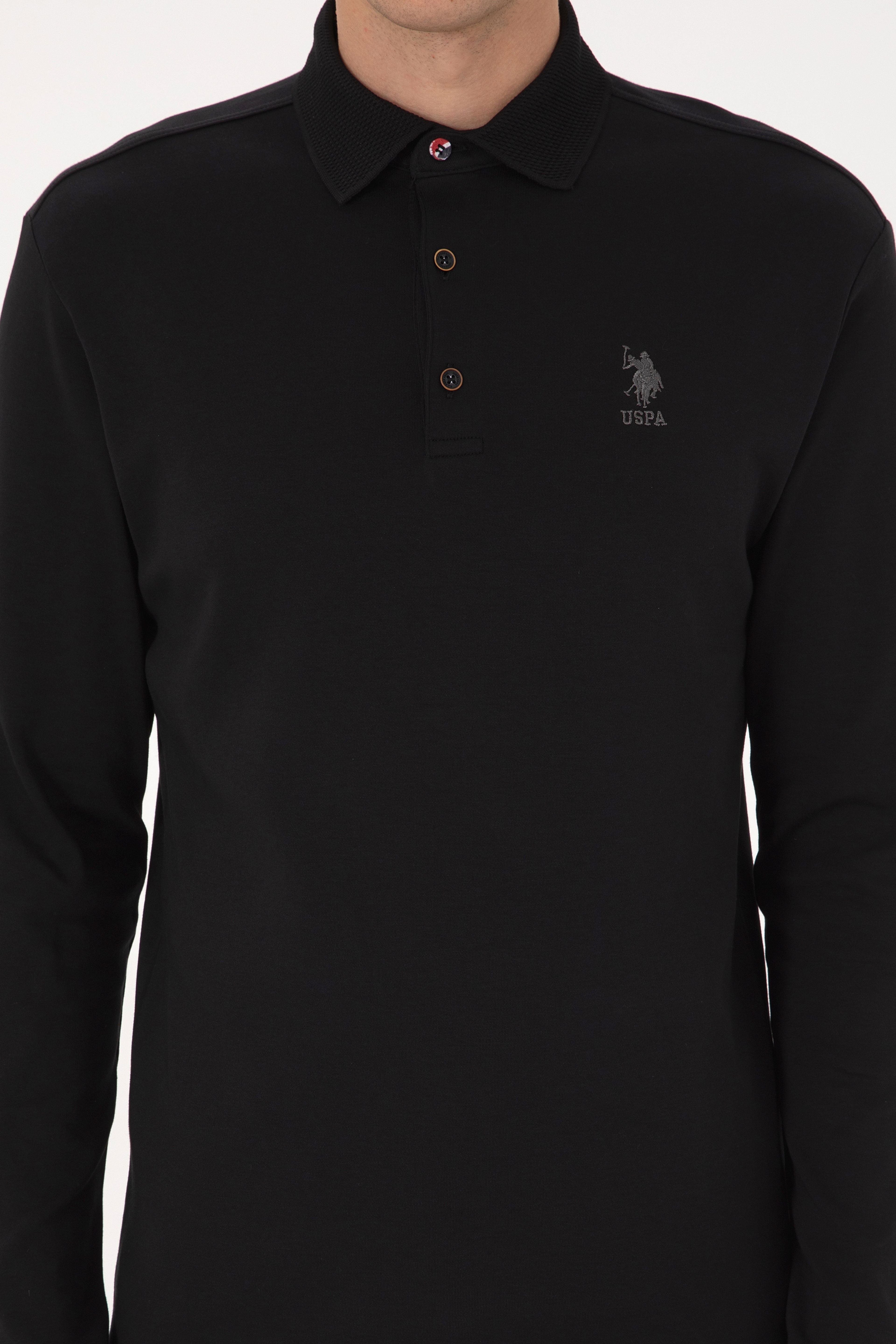 Erkek Regular Fit Polo Yaka Siyah Basic Sweatshirt - Image 6