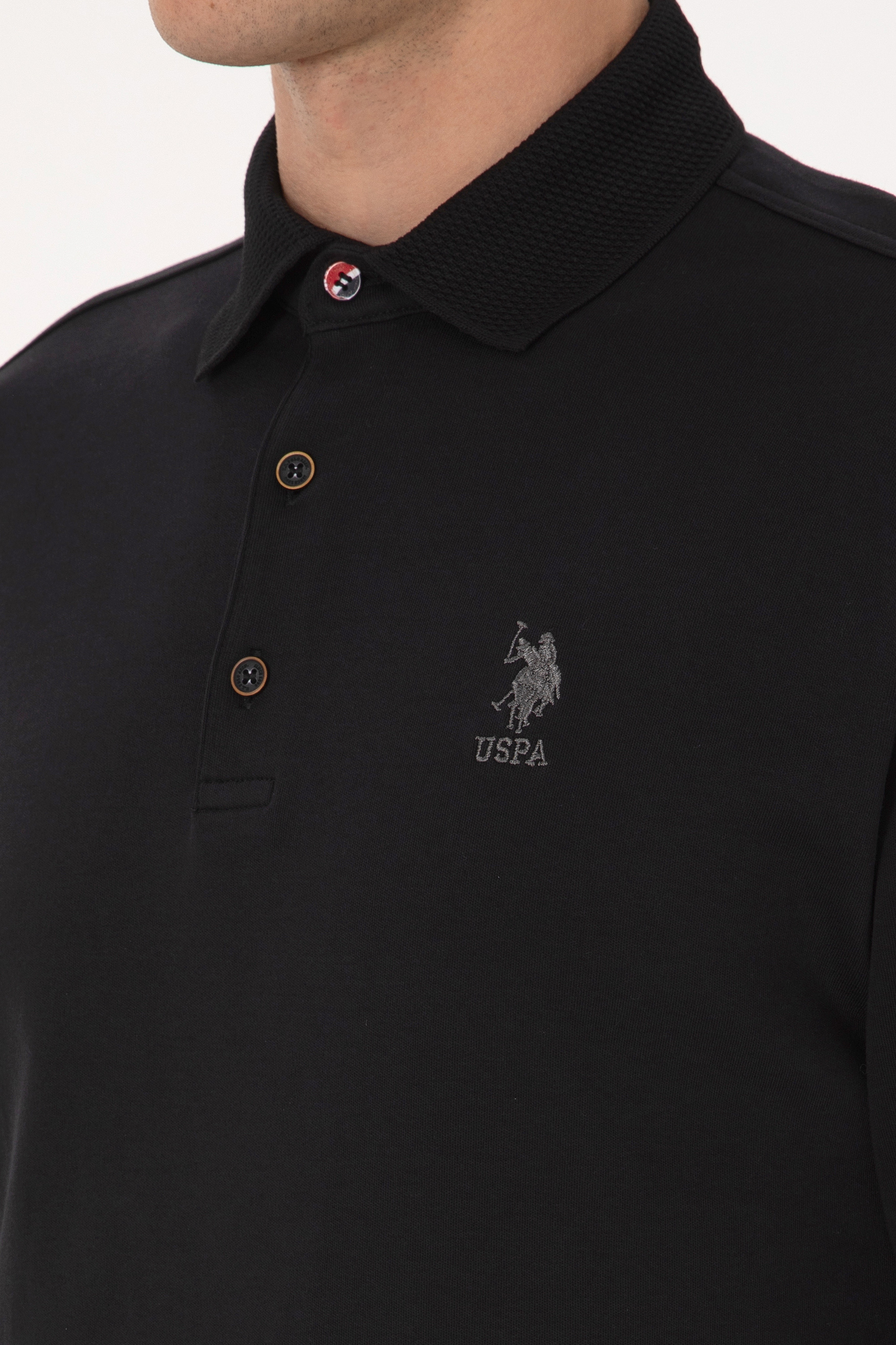 Erkek Regular Fit Polo Yaka Siyah Basic Sweatshirt - Image 7