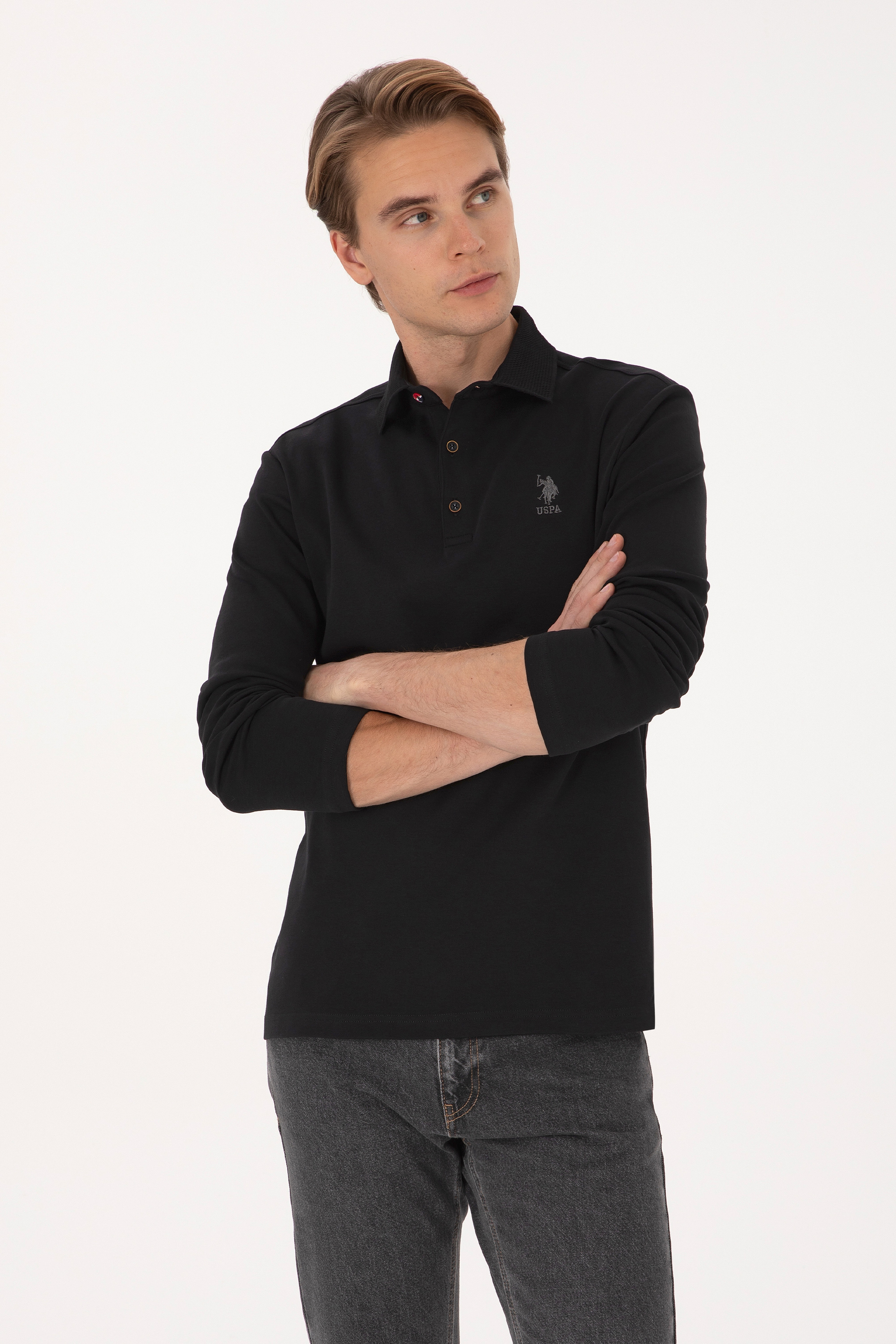 Erkek Regular Fit Polo Yaka Siyah Basic Sweatshirt