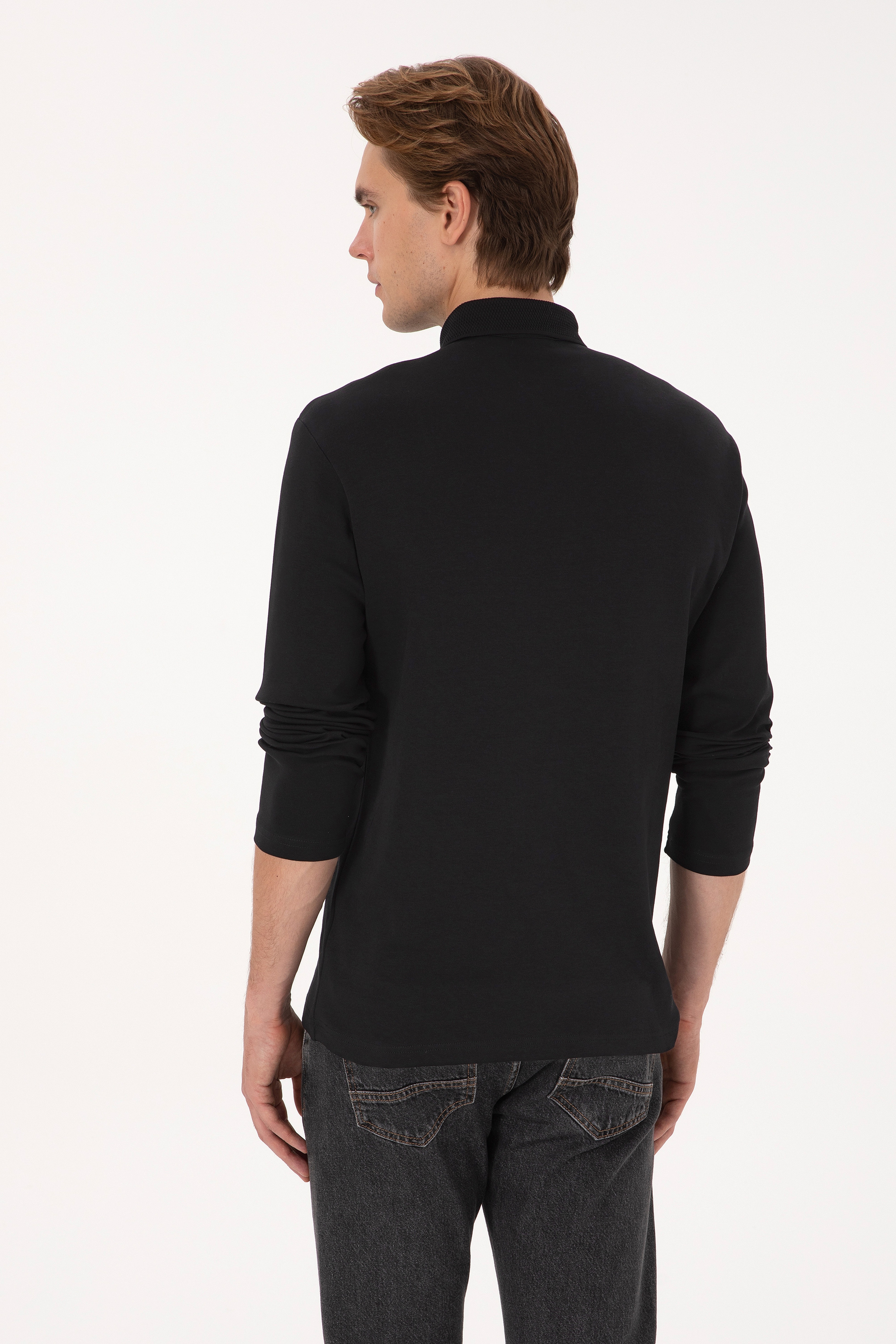 Erkek Regular Fit Polo Yaka Siyah Basic Sweatshirt - Image 5