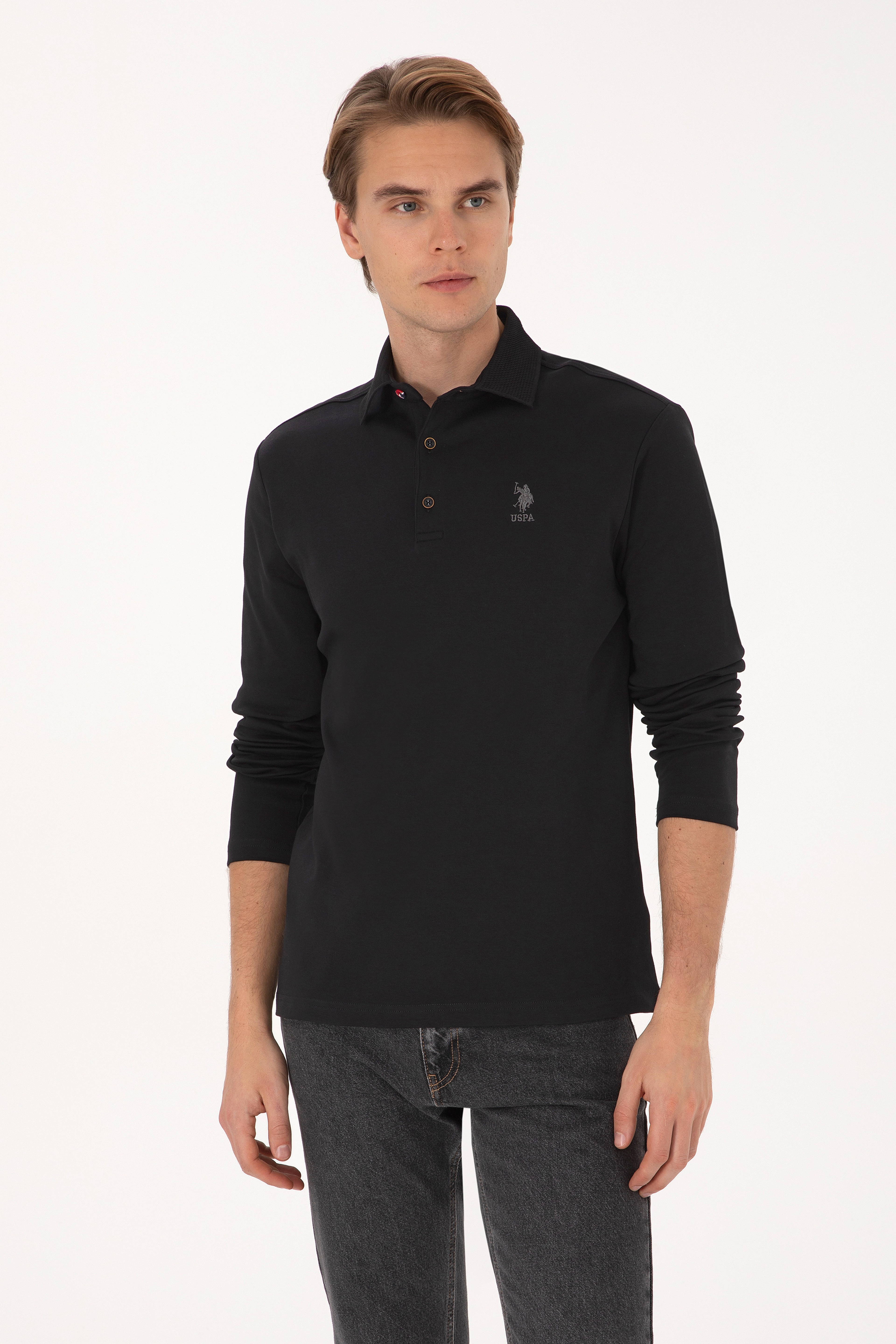 Erkek Regular Fit Polo Yaka Siyah Basic Sweatshirt - Image 3