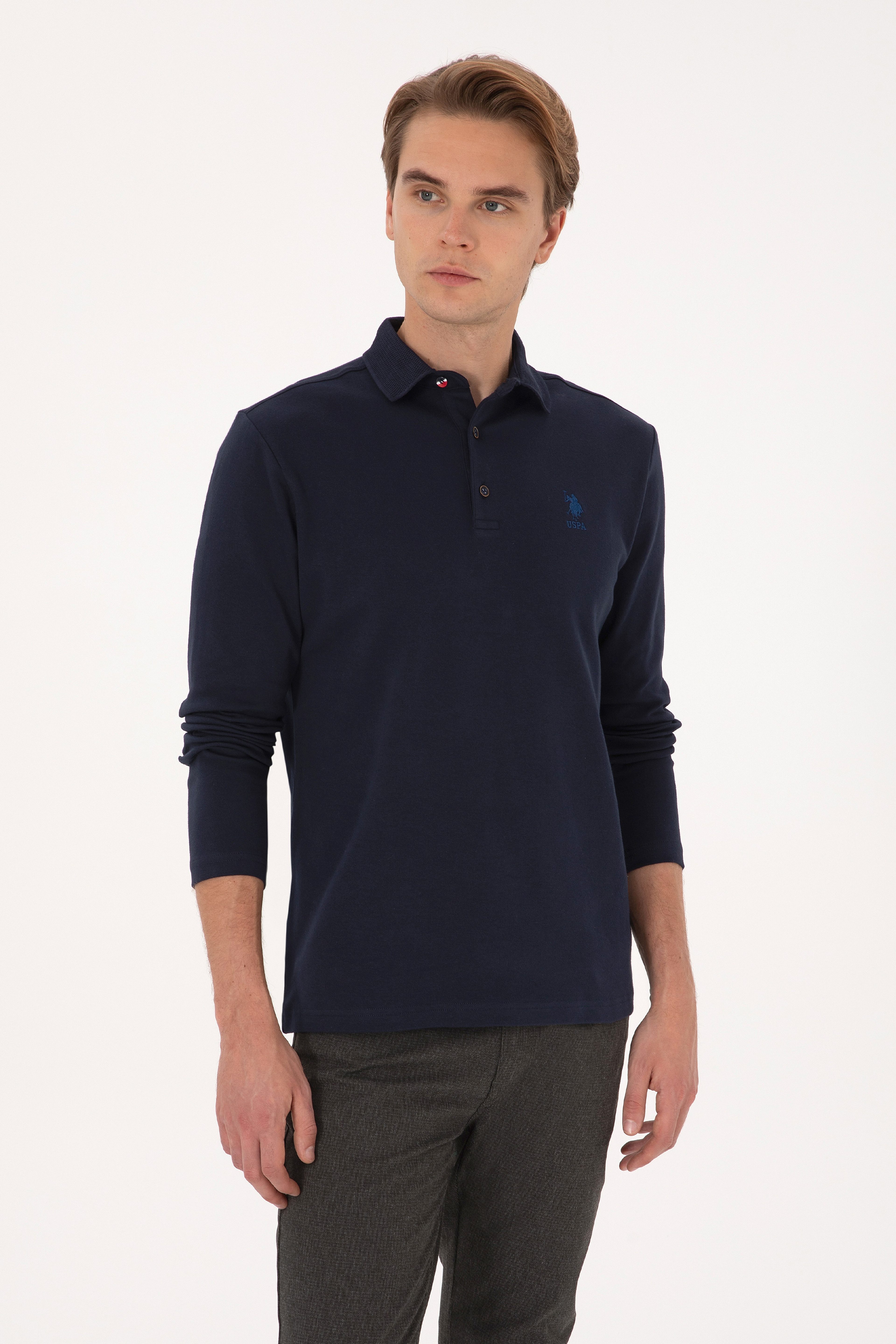 Erkek Regular Fit Polo Yaka Lacivert Basic Sweatshirt