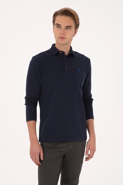 Erkek Regular Fit Polo Yaka Lacivert Basic Sweatshirt