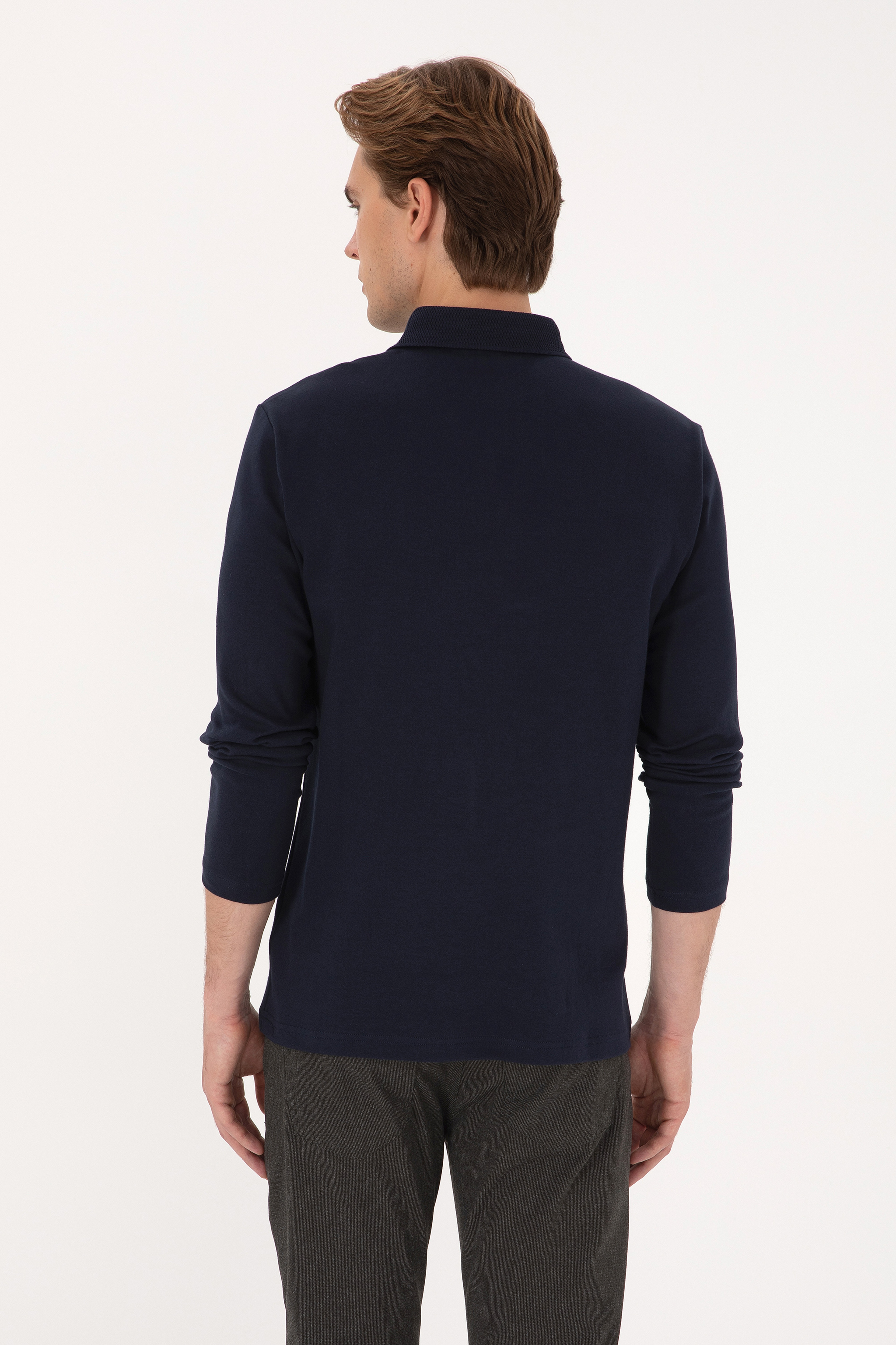 Erkek Regular Fit Polo Yaka Lacivert Basic Sweatshirt - Image 5