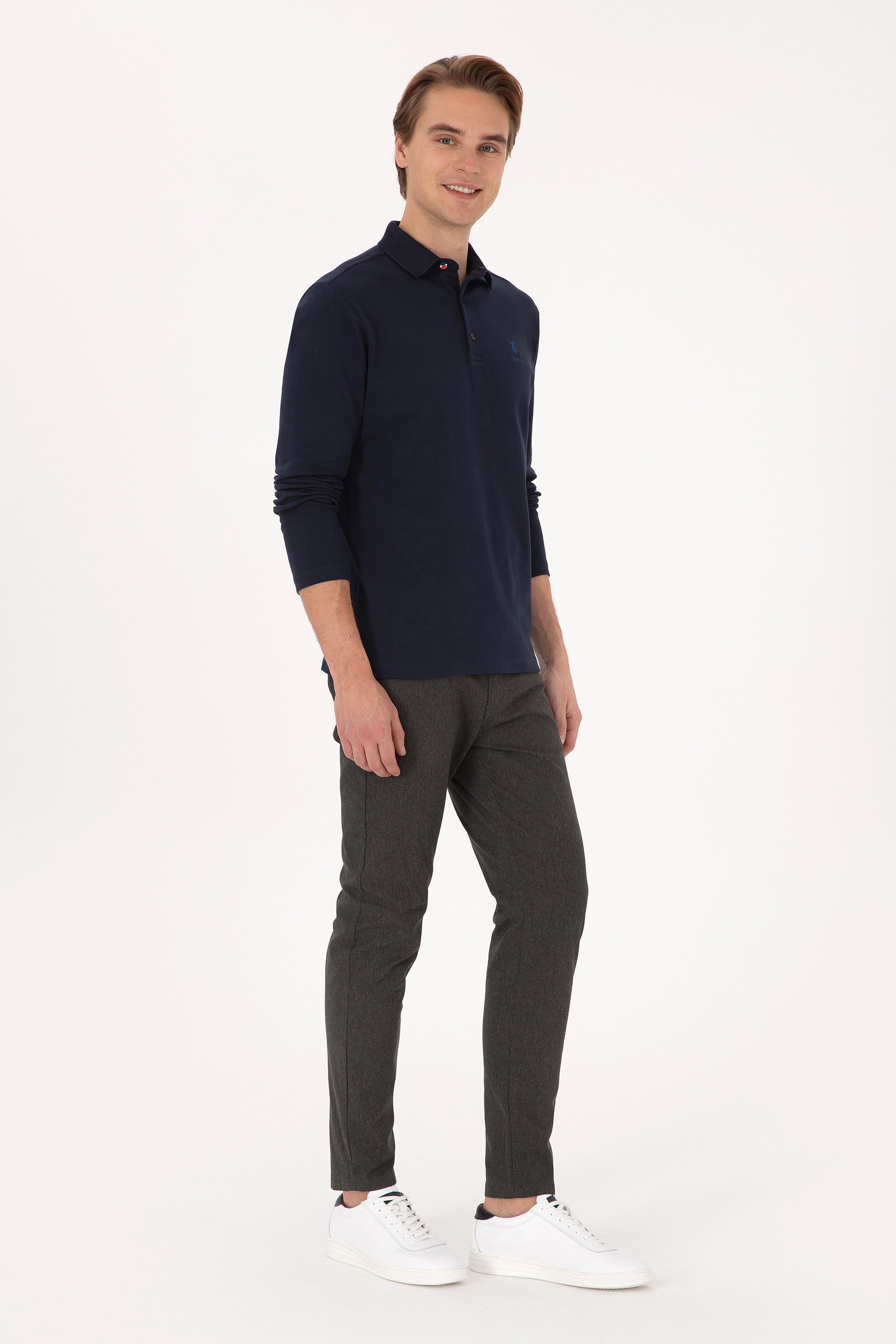 Erkek Regular Fit Polo Yaka Lacivert Basic Sweatshirt