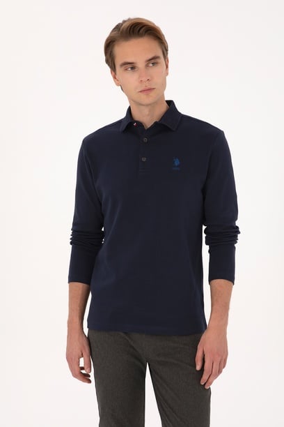 Erkek Regular Fit Polo Yaka Lacivert Basic Sweatshirt