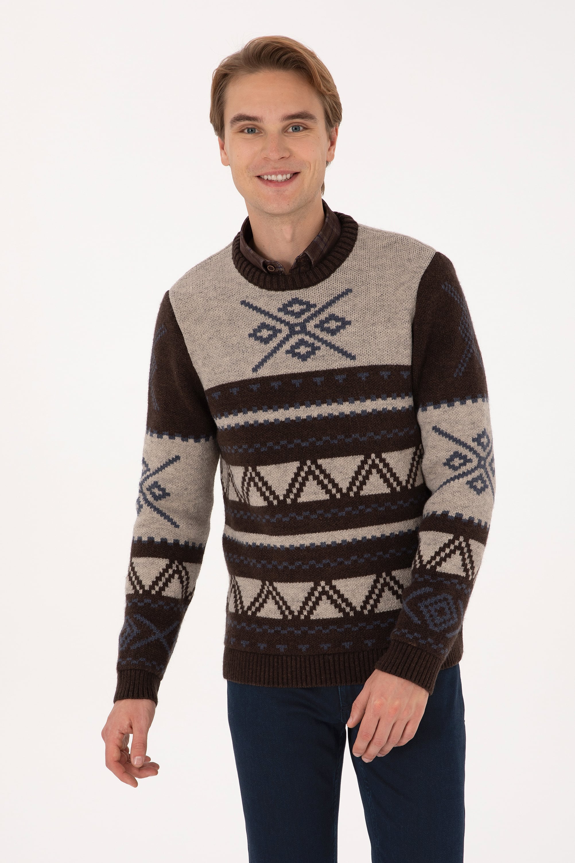 Erkek Comfort Fit Bisiklet Yaka Kahverengi Kazak