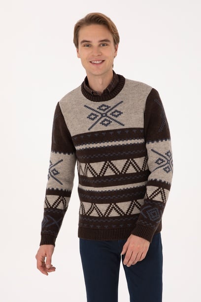 Erkek Comfort Fit Bisiklet Yaka Kahverengi Kazak