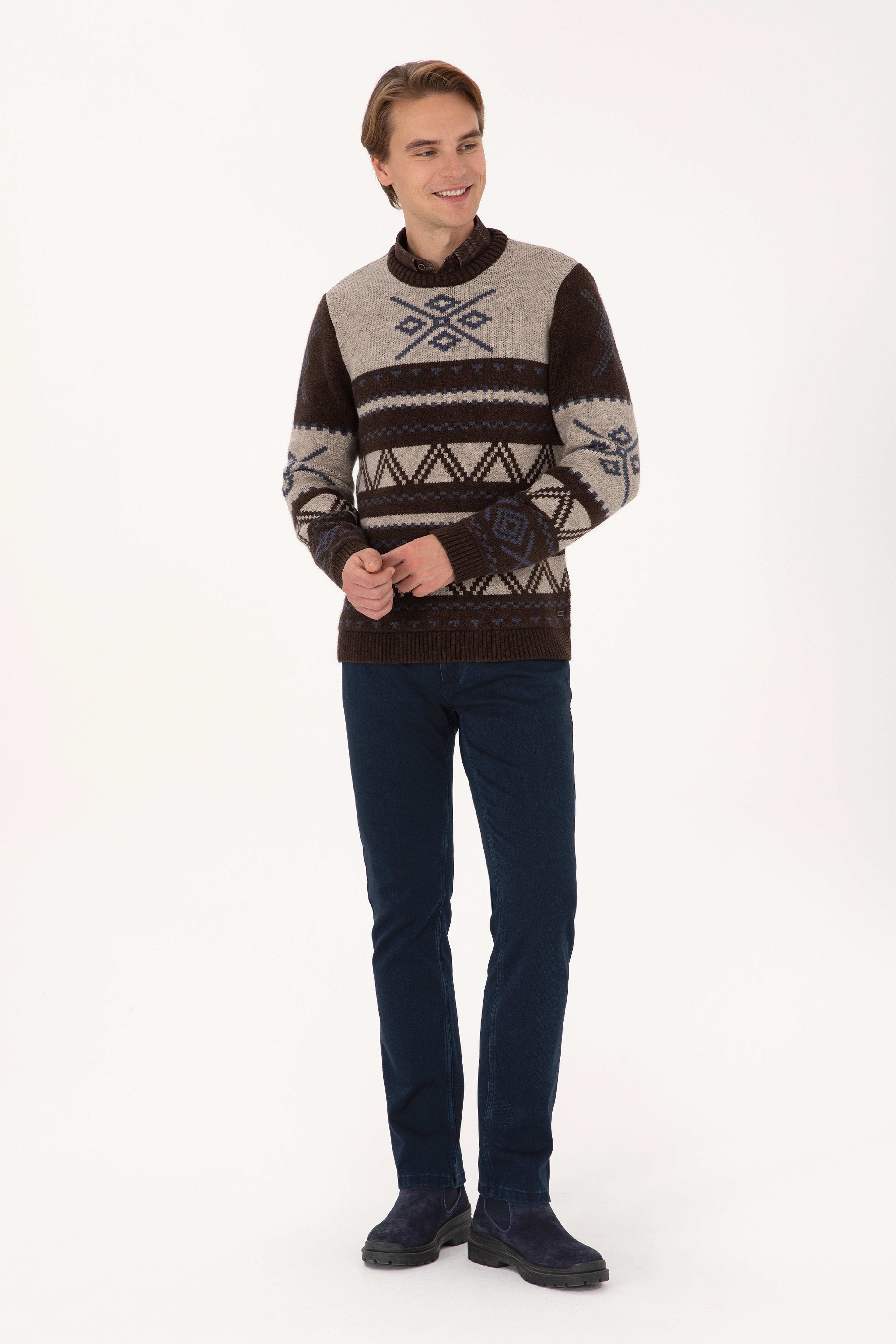 Erkek Comfort Fit Bisiklet Yaka Kahverengi Kazak - Image 4