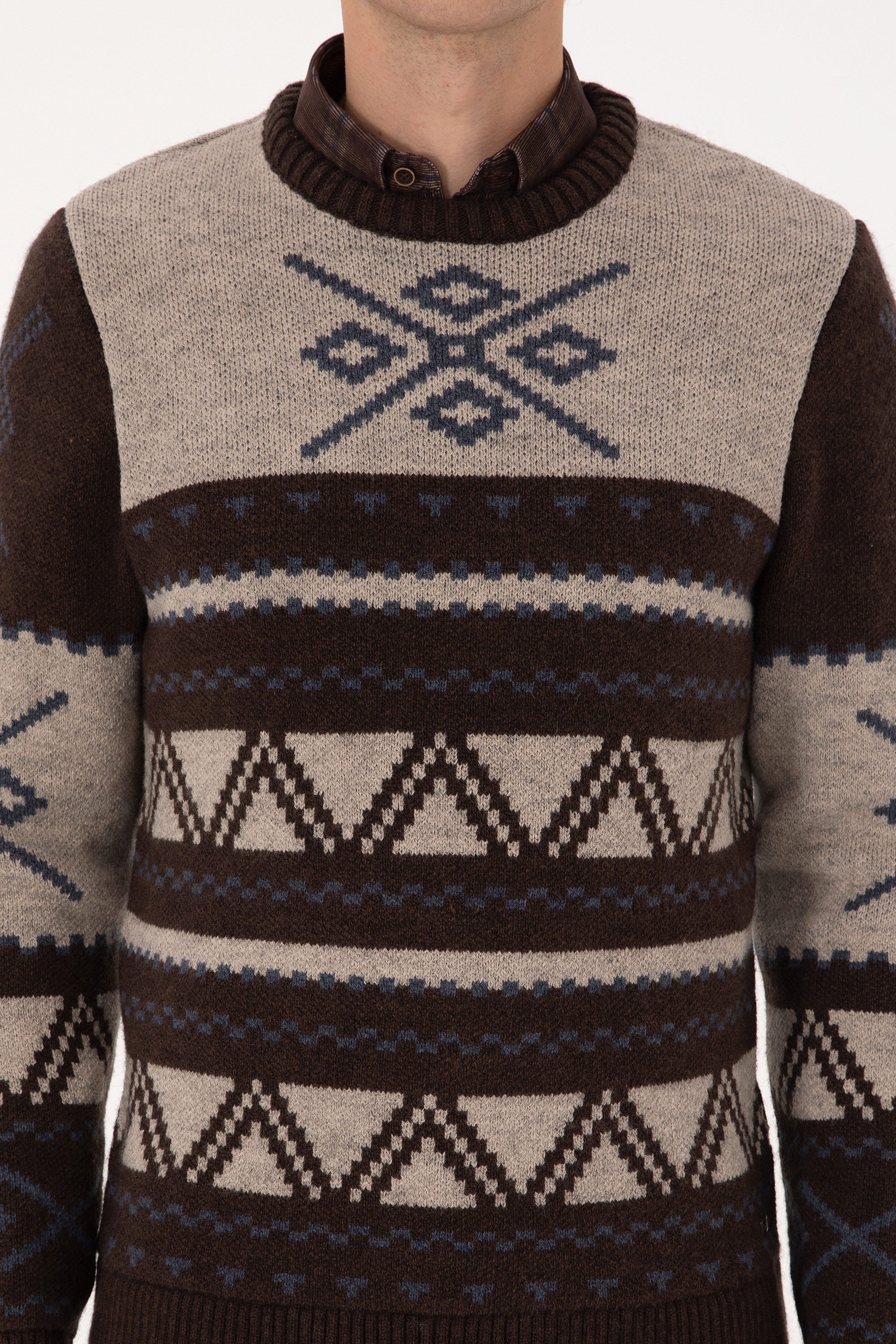 Erkek Comfort Fit Bisiklet Yaka Kahverengi Kazak - Image 6