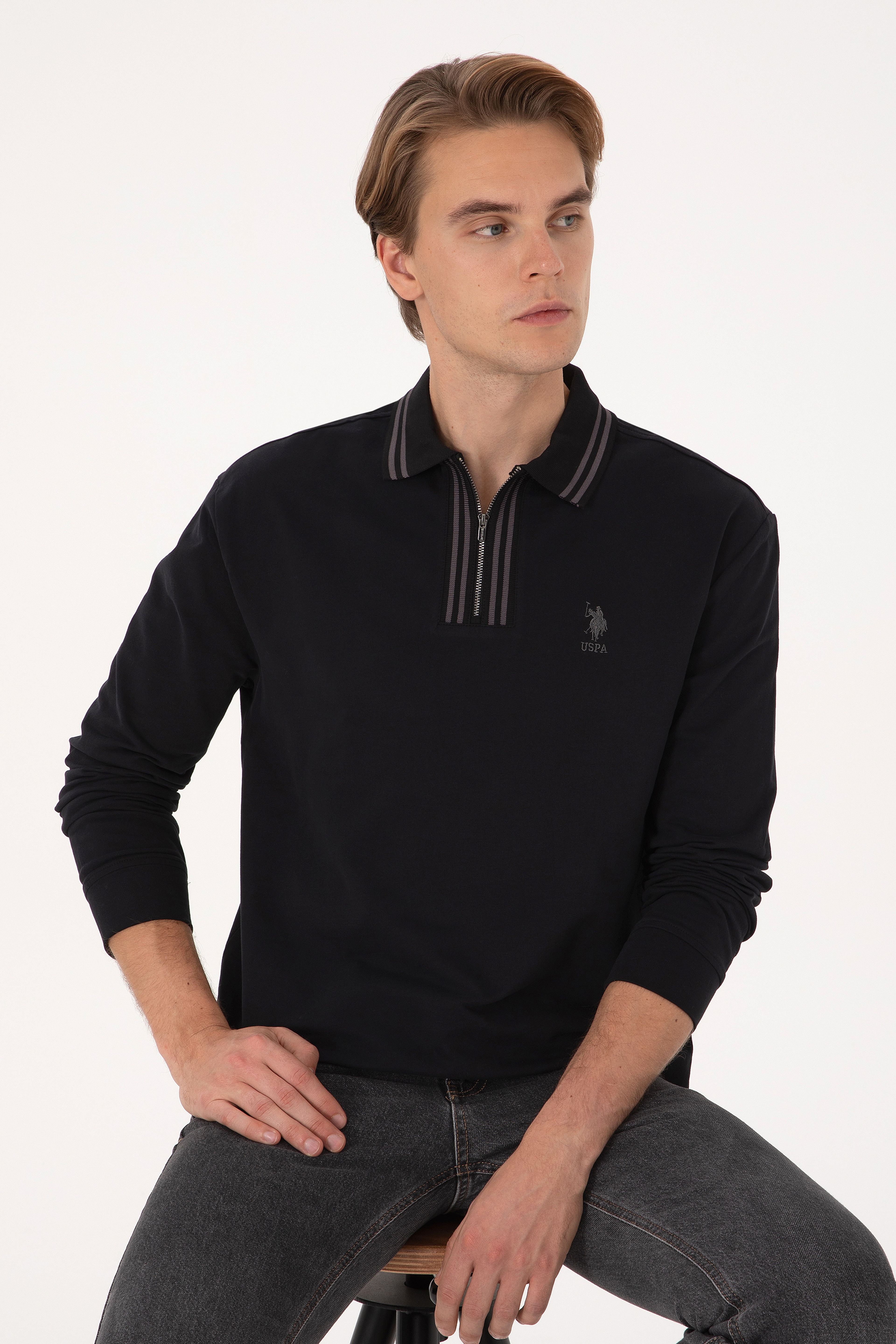 Erkek Comfort Fit Yarım Fermuarlı Siyah Sweatshirt - Image 3