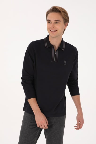 Erkek Comfort Fit Yarım Fermuarlı Siyah Sweatshirt