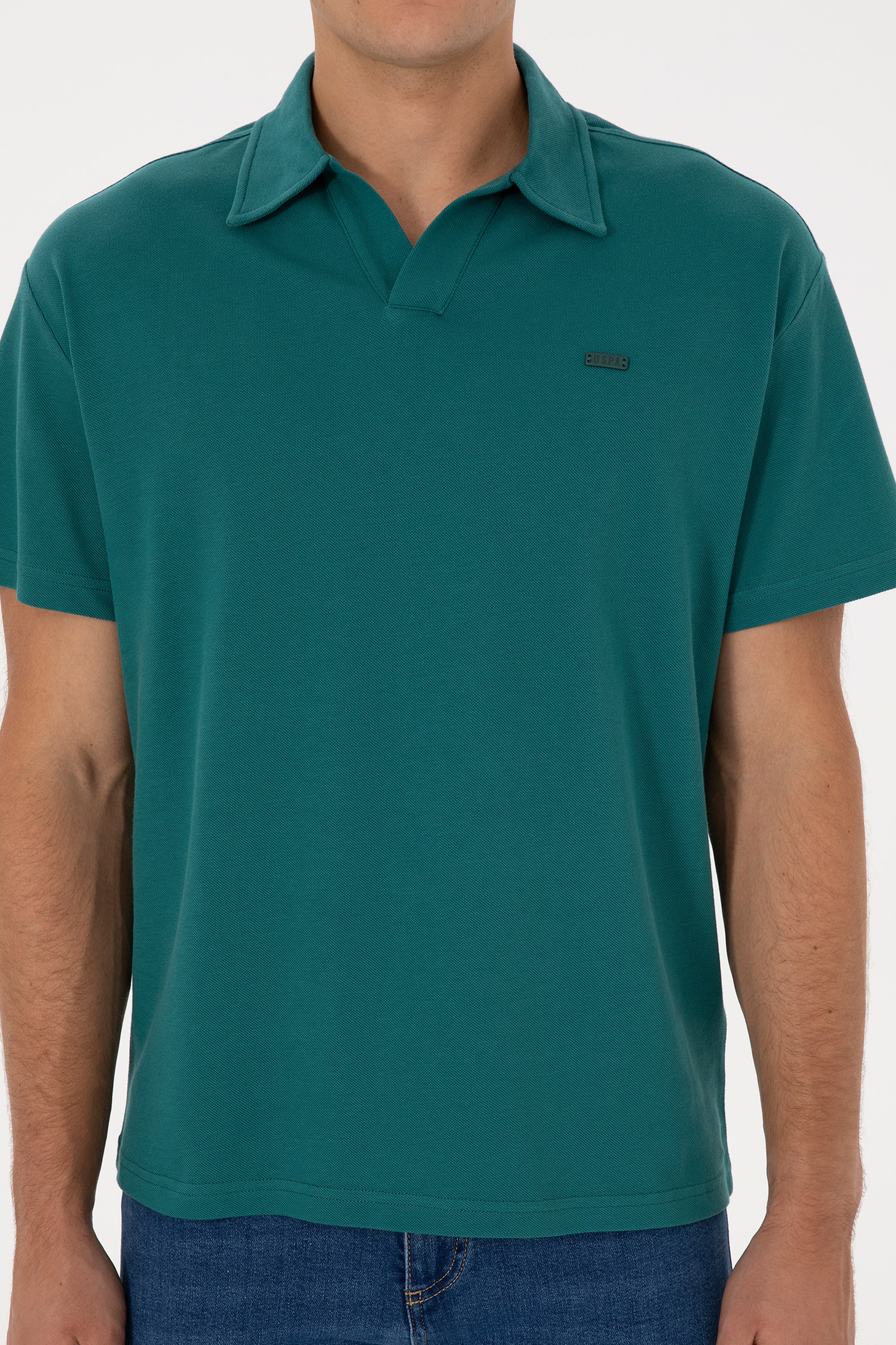 Erkek Comfort Fit Kaçık Yaka Koyu Yeşil Tişört - Image 6