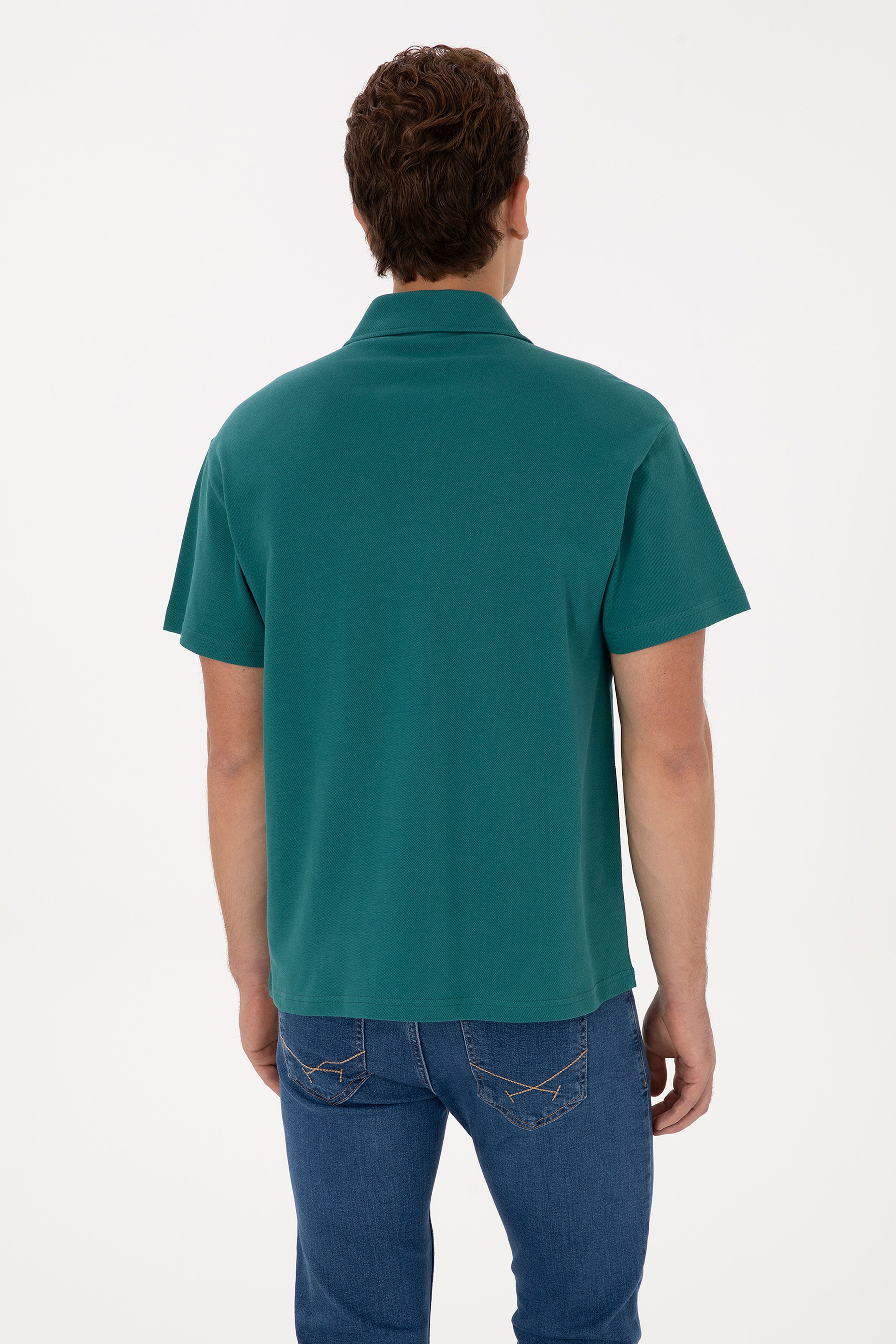 Erkek Comfort Fit Kaçık Yaka Koyu Yeşil Tişört - Image 5