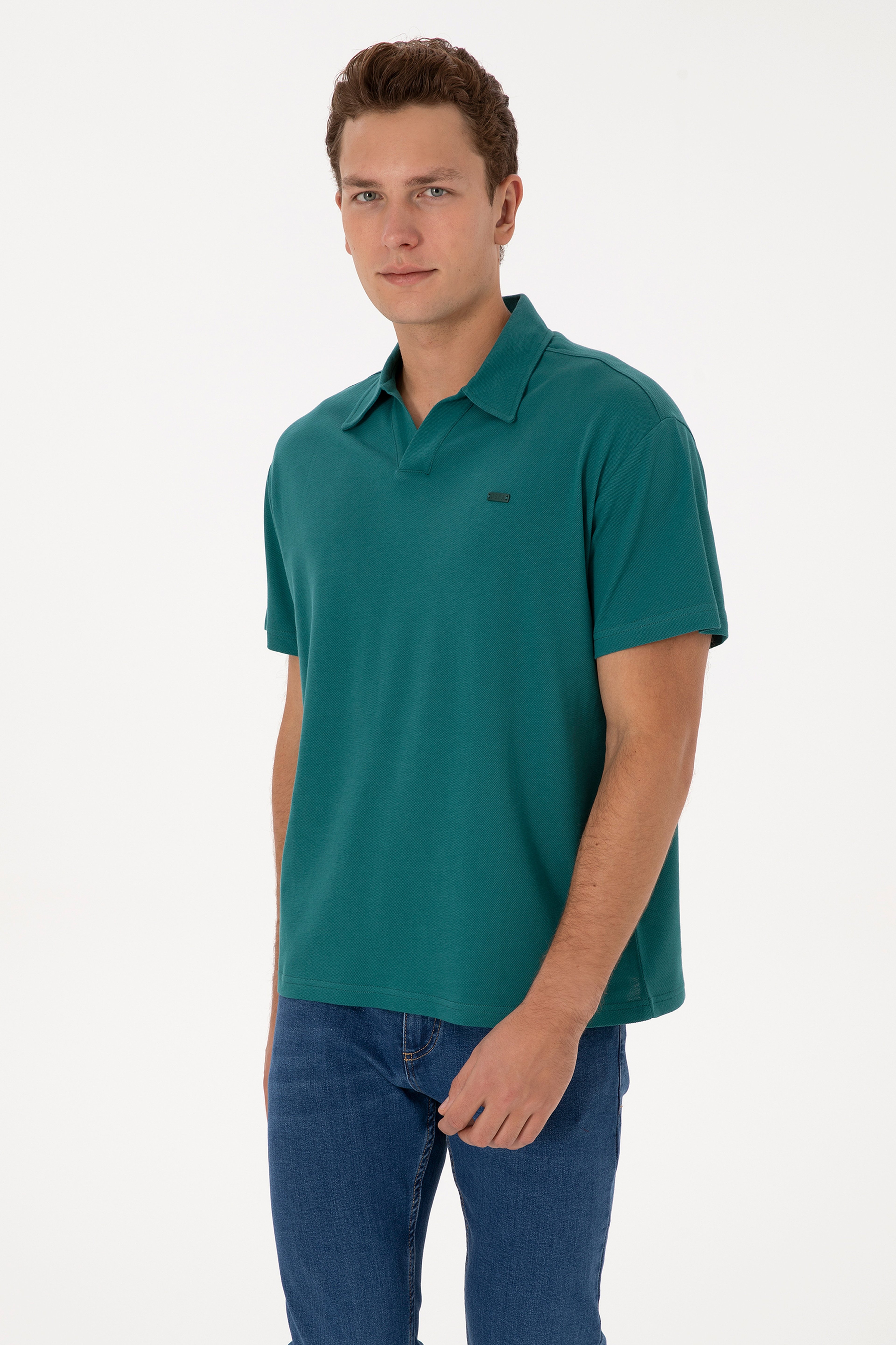 Erkek Comfort Fit Kaçık Yaka Koyu Yeşil Tişört - Image 1