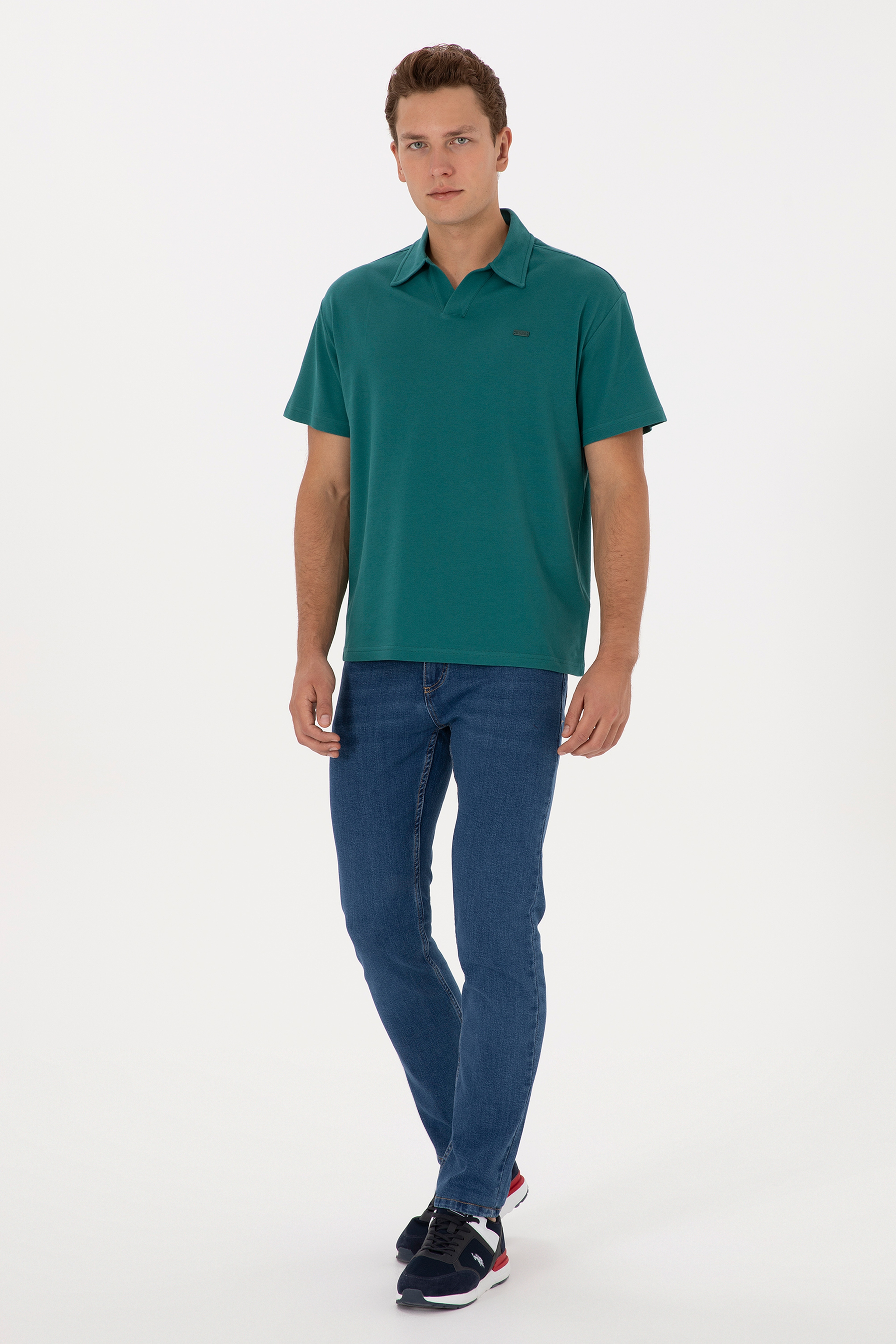 Erkek Comfort Fit Kaçık Yaka Koyu Yeşil Tişört