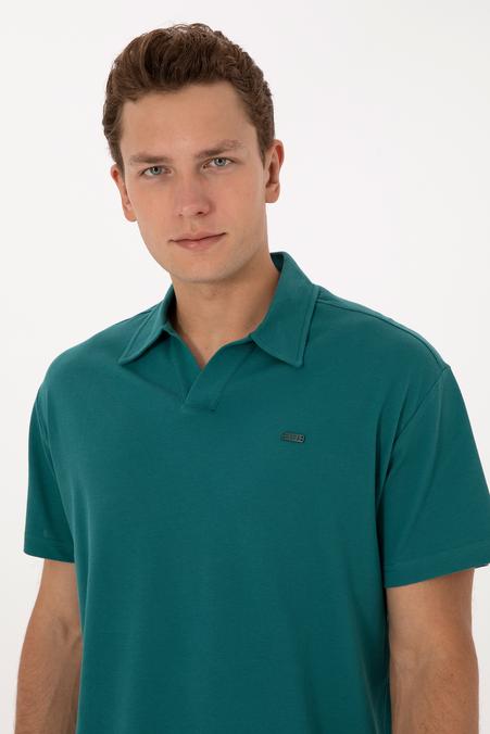 Erkek Comfort Fit Kaçık Yaka Koyu Yeşil Tişört