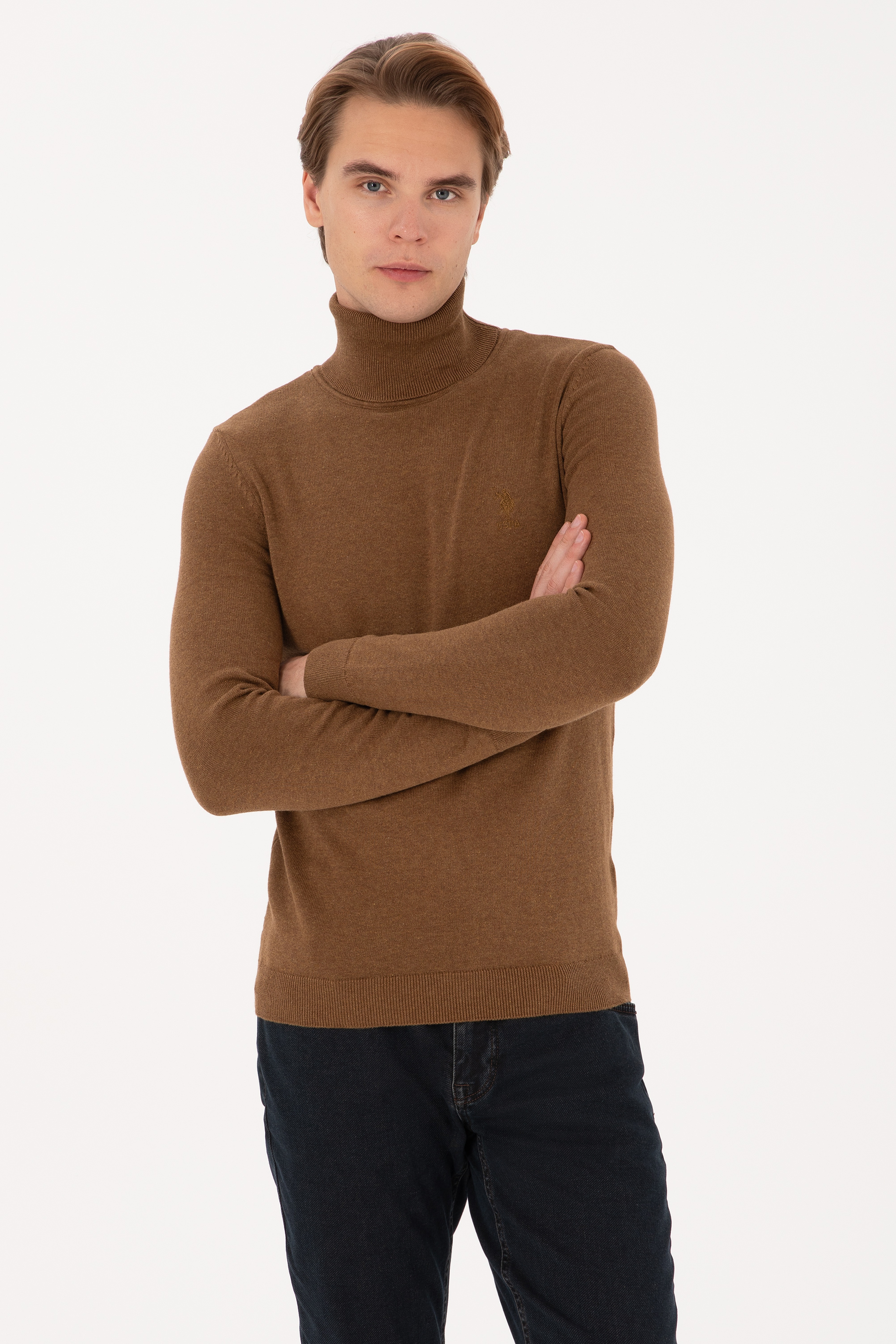 Erkek Slim Fit Balıkçı Yaka Haki Melanj Basic Kazak
