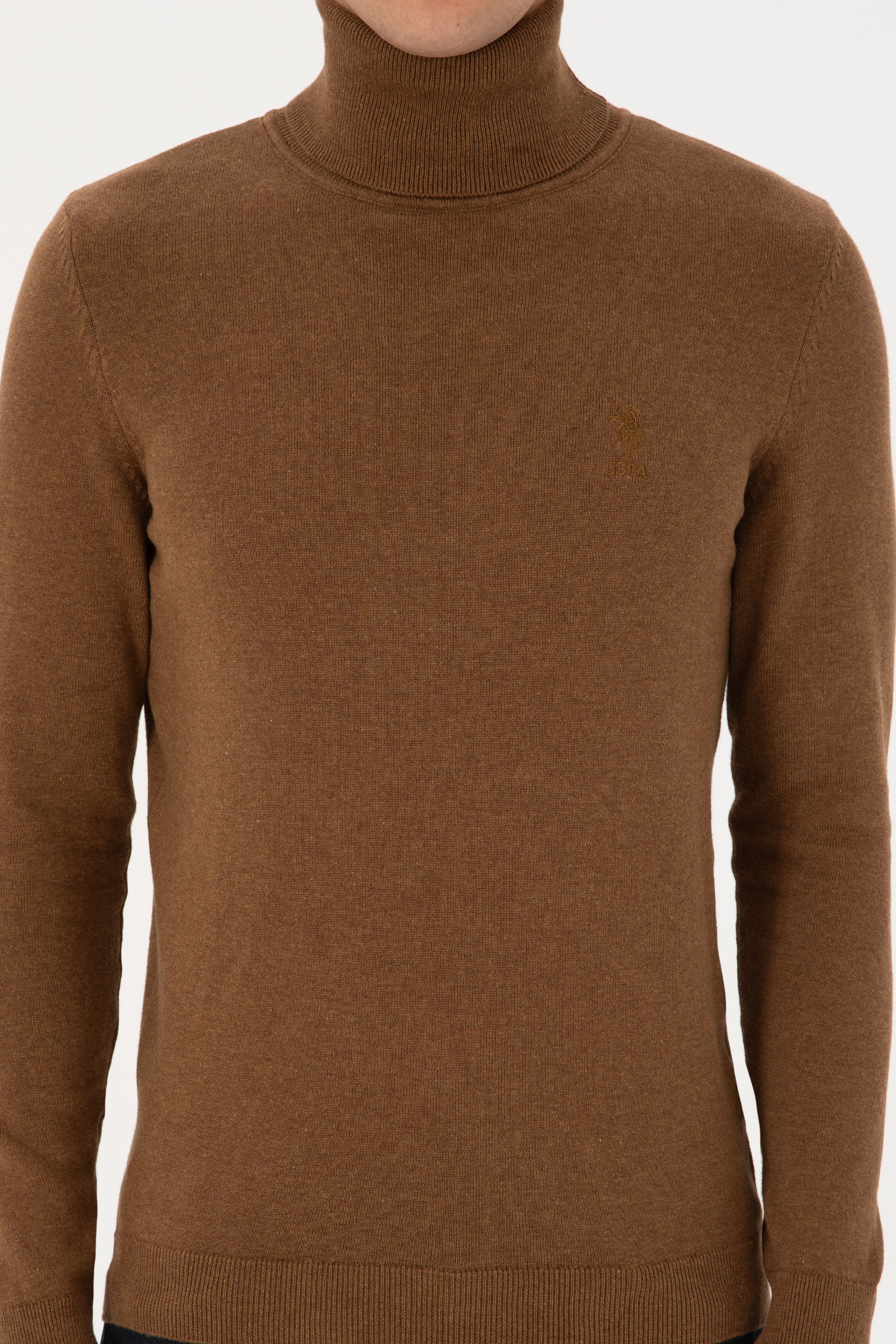 Erkek Slim Fit Balıkçı Yaka Haki Melanj Basic Kazak