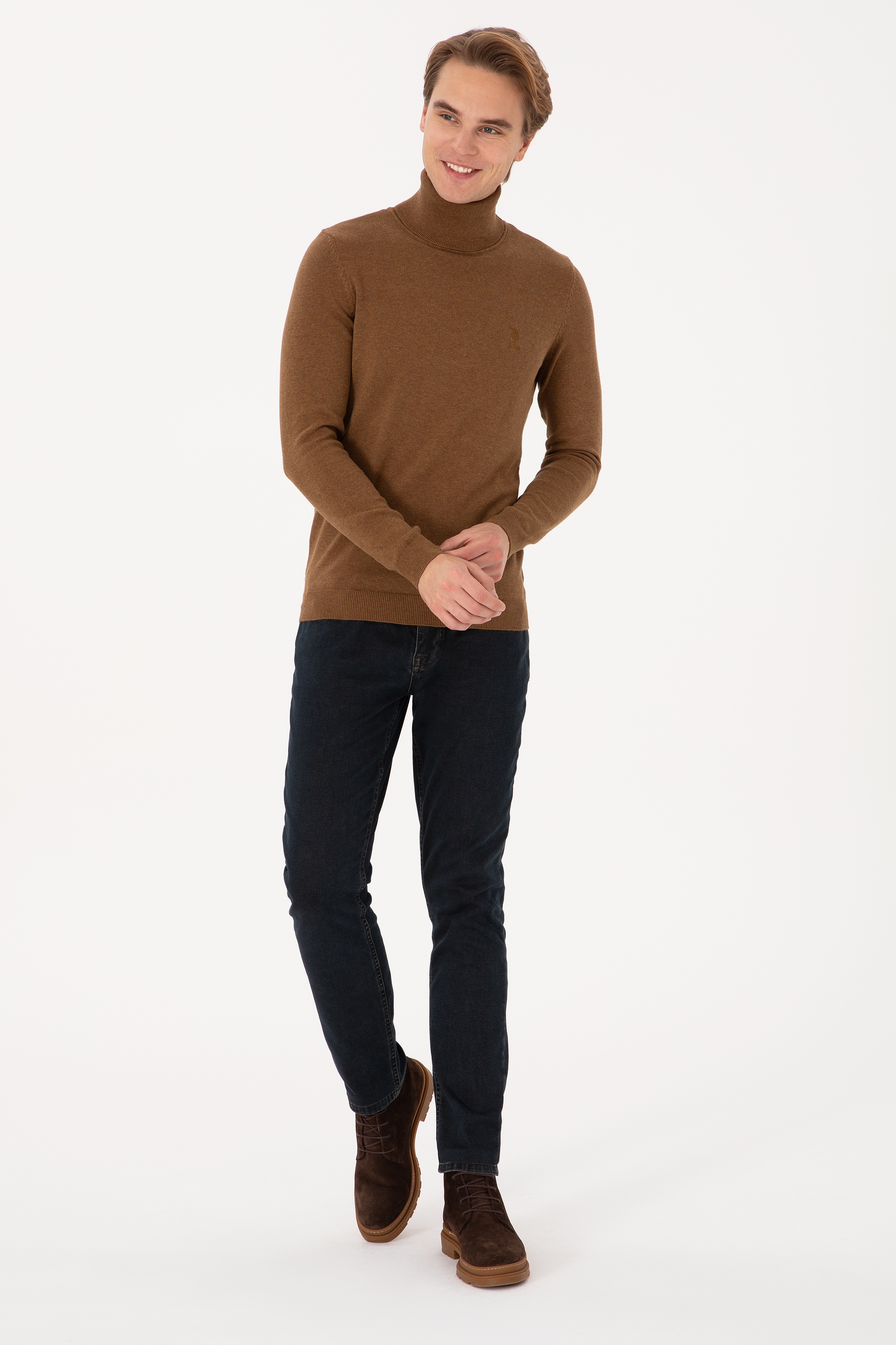 Erkek Slim Fit Balıkçı Yaka Haki Melanj Basic Kazak - Image 4