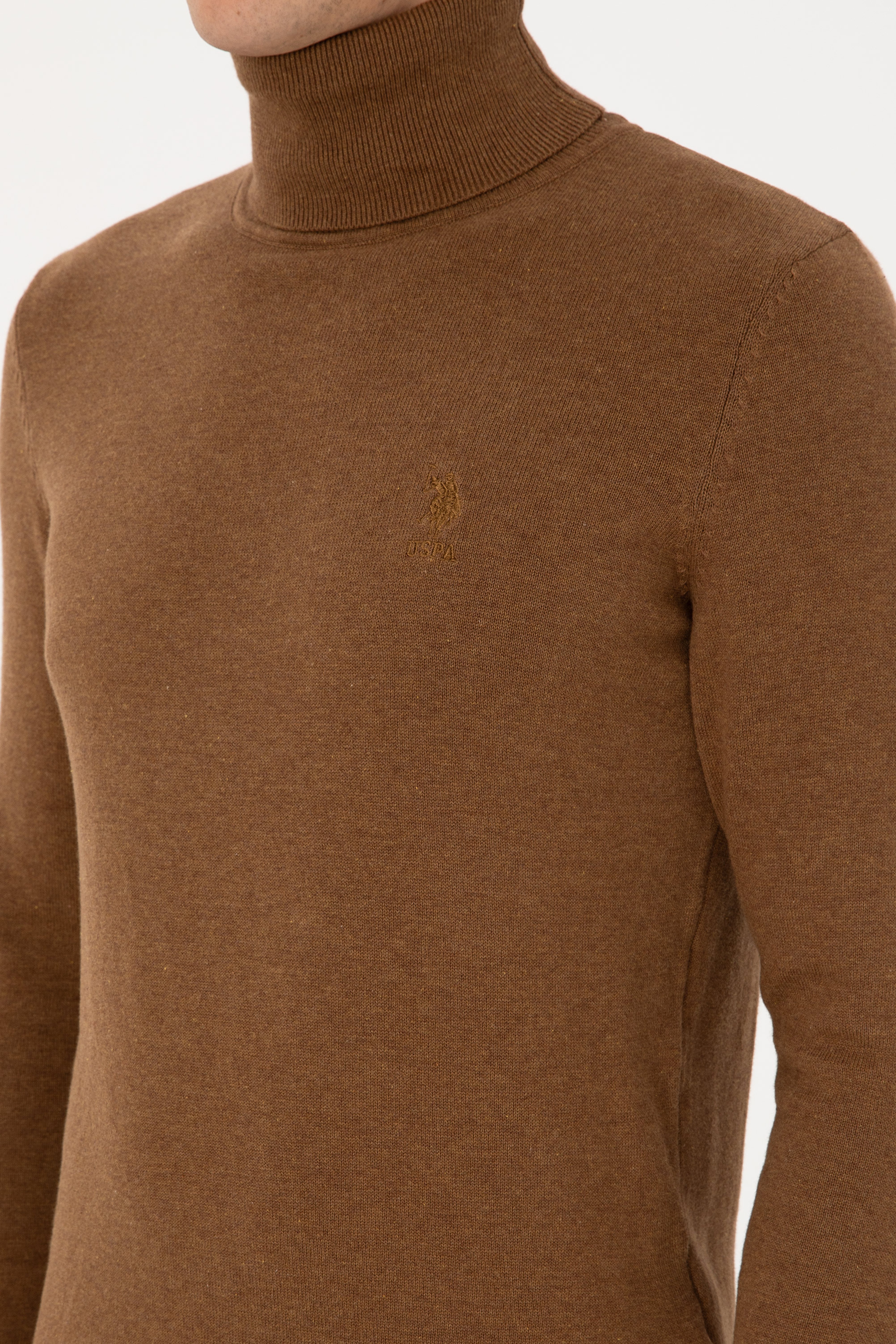 Erkek Slim Fit Balıkçı Yaka Haki Melanj Basic Kazak - Image 7
