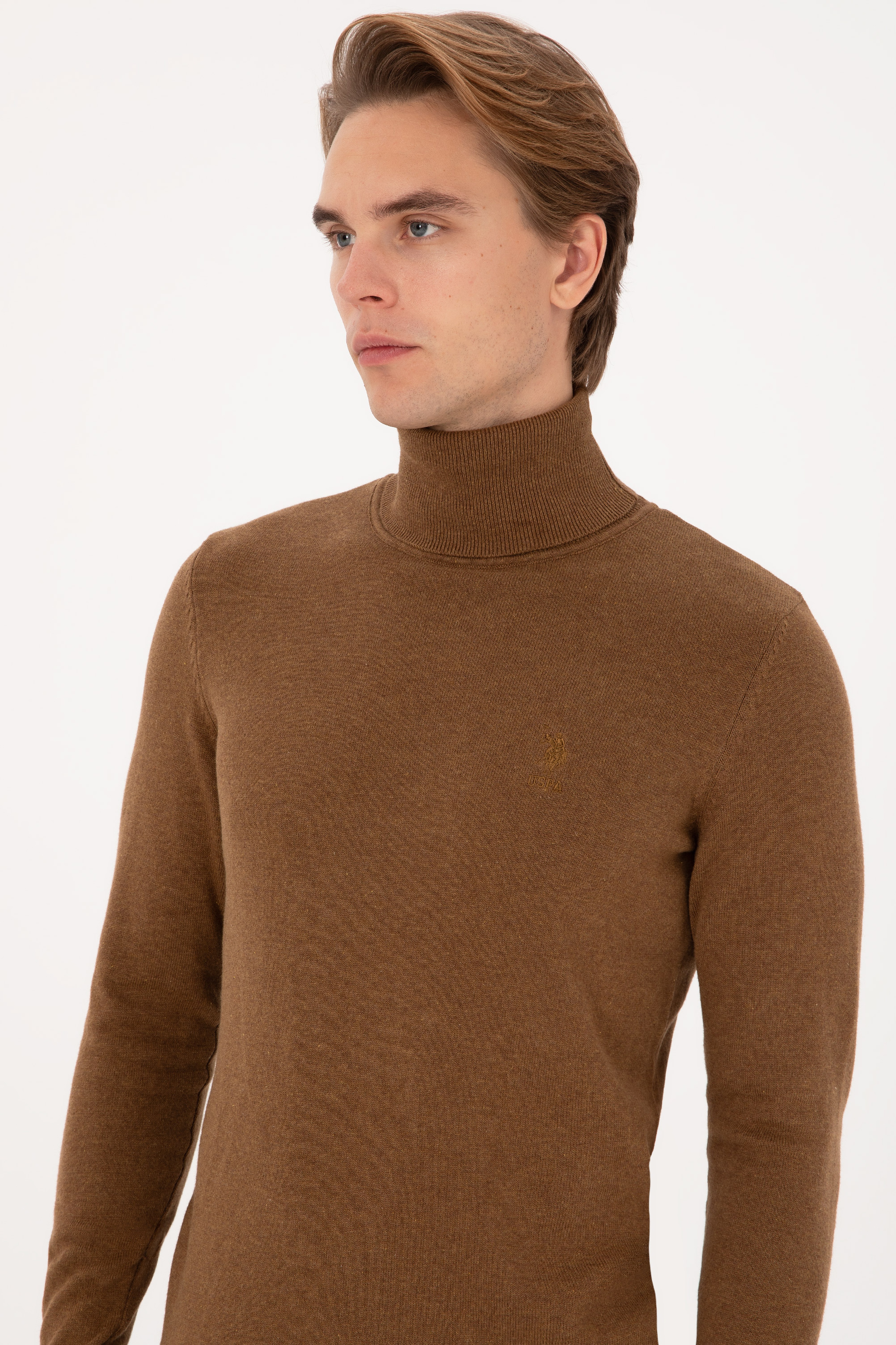 Erkek Slim Fit Balıkçı Yaka Haki Melanj Basic Kazak