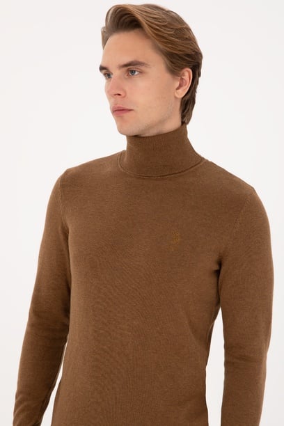Erkek Slim Fit Balıkçı Yaka Haki Melanj Basic Kazak