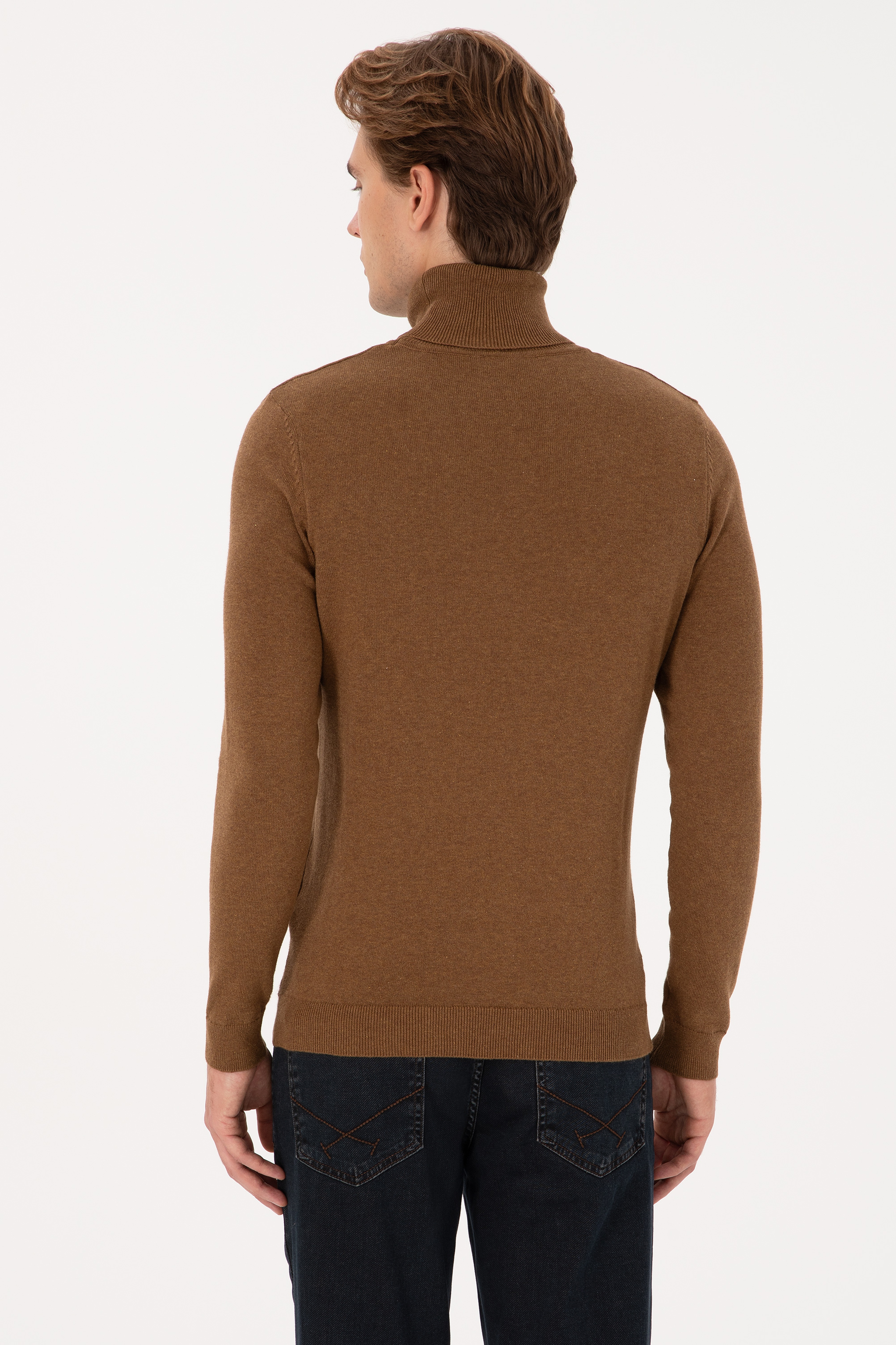 Erkek Slim Fit Balıkçı Yaka Haki Melanj Basic Kazak