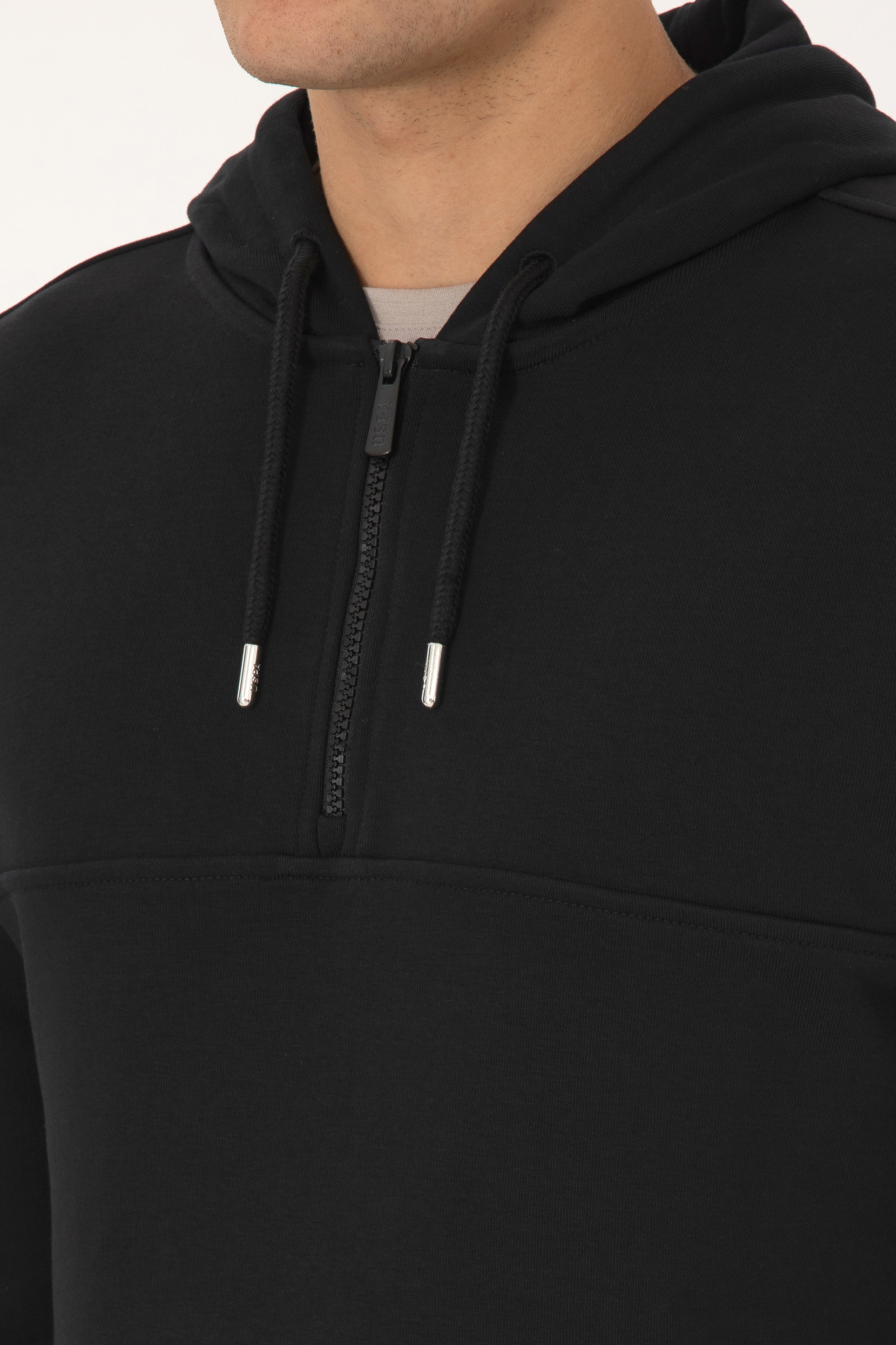 Erkek Regular Fit Yarım Fermuarlı Kapüşonlu Siyah Sweatshirt