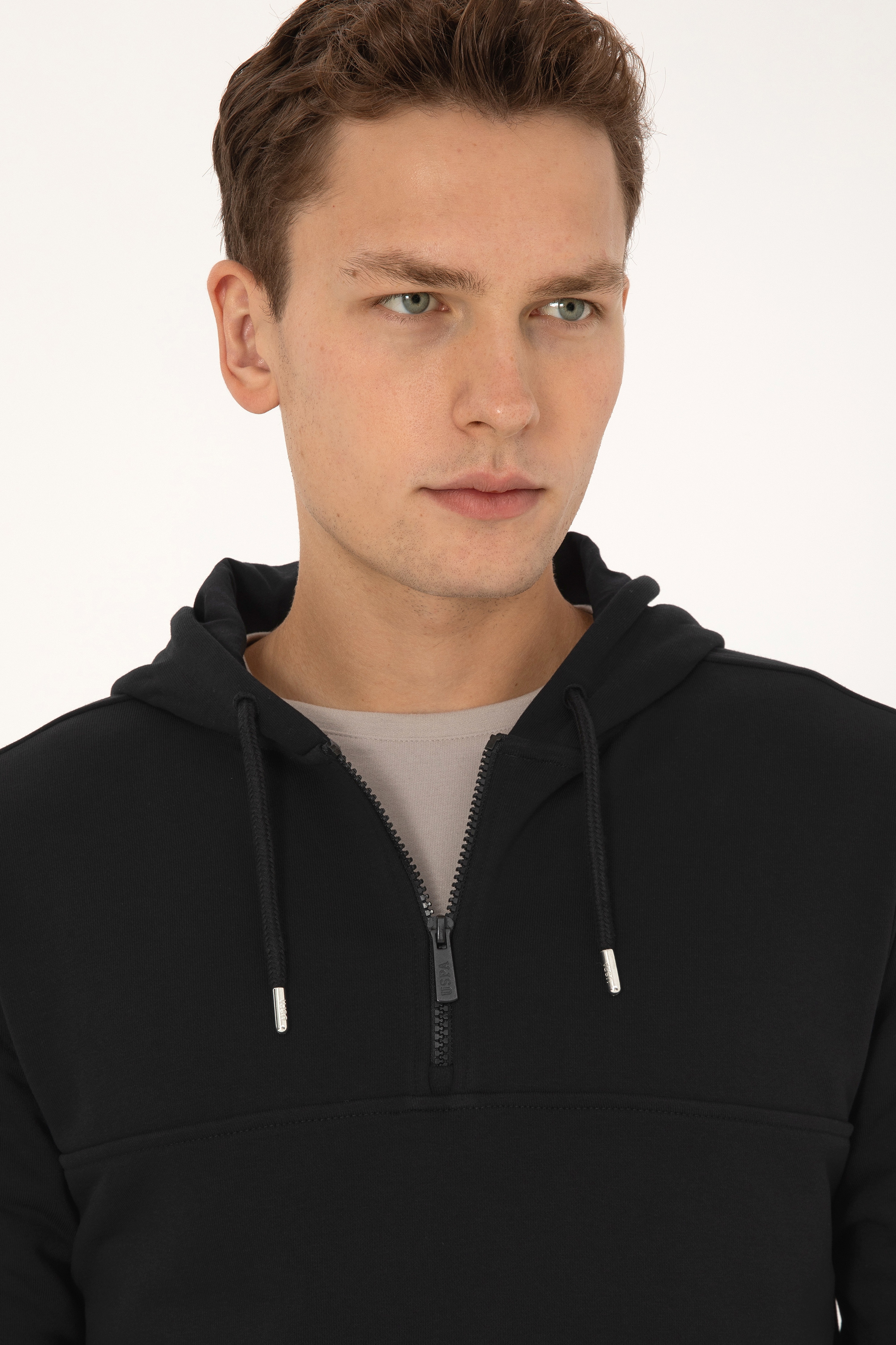 Erkek Regular Fit Yarım Fermuarlı Kapüşonlu Siyah Sweatshirt - Image 2