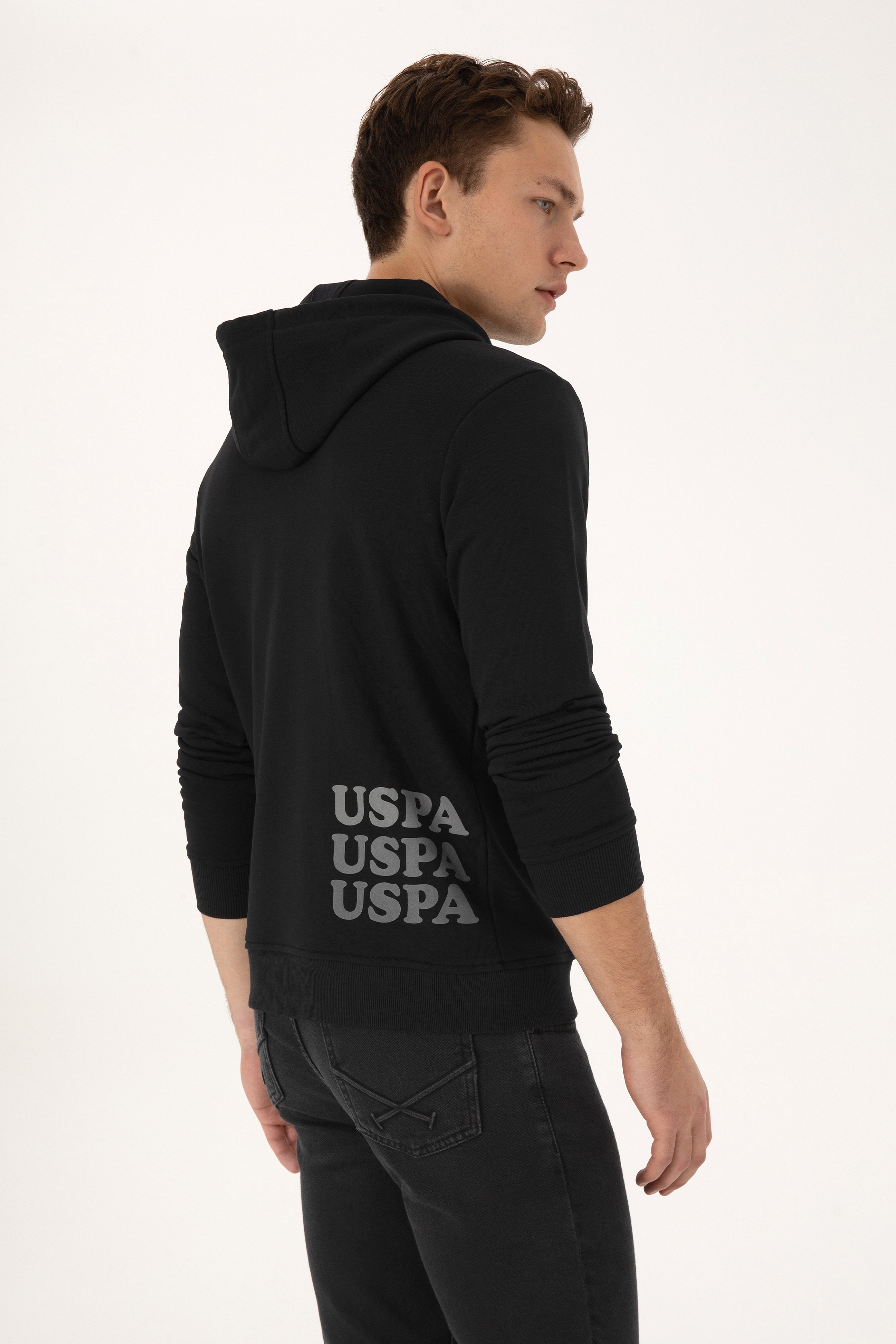 Erkek Regular Fit Yarım Fermuarlı Kapüşonlu Siyah Sweatshirt