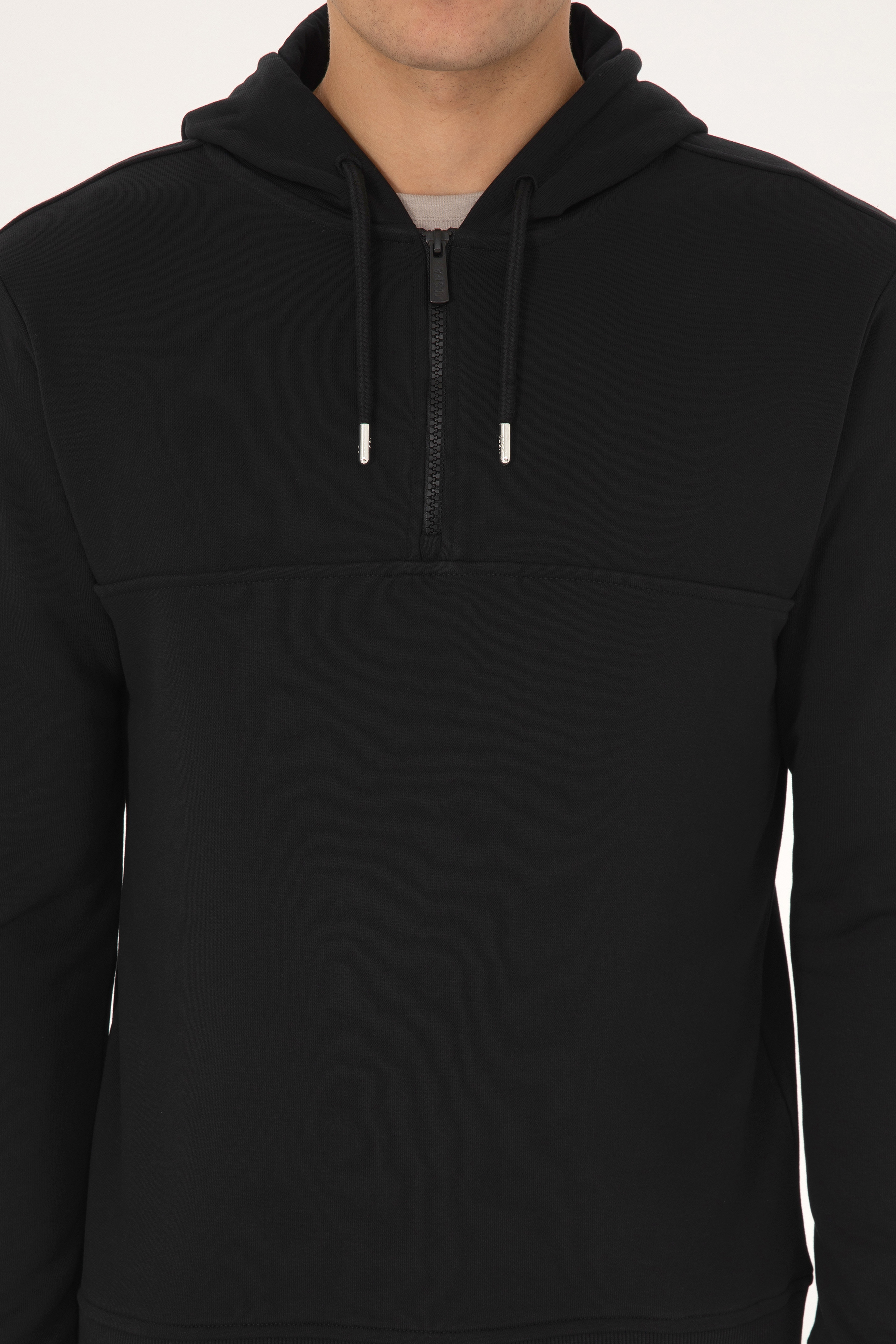 Erkek Regular Fit Yarım Fermuarlı Kapüşonlu Siyah Sweatshirt