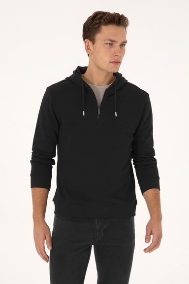 Erkek Regular Fit Yarım Fermuarlı Kapüşonlu Siyah Sweatshirt