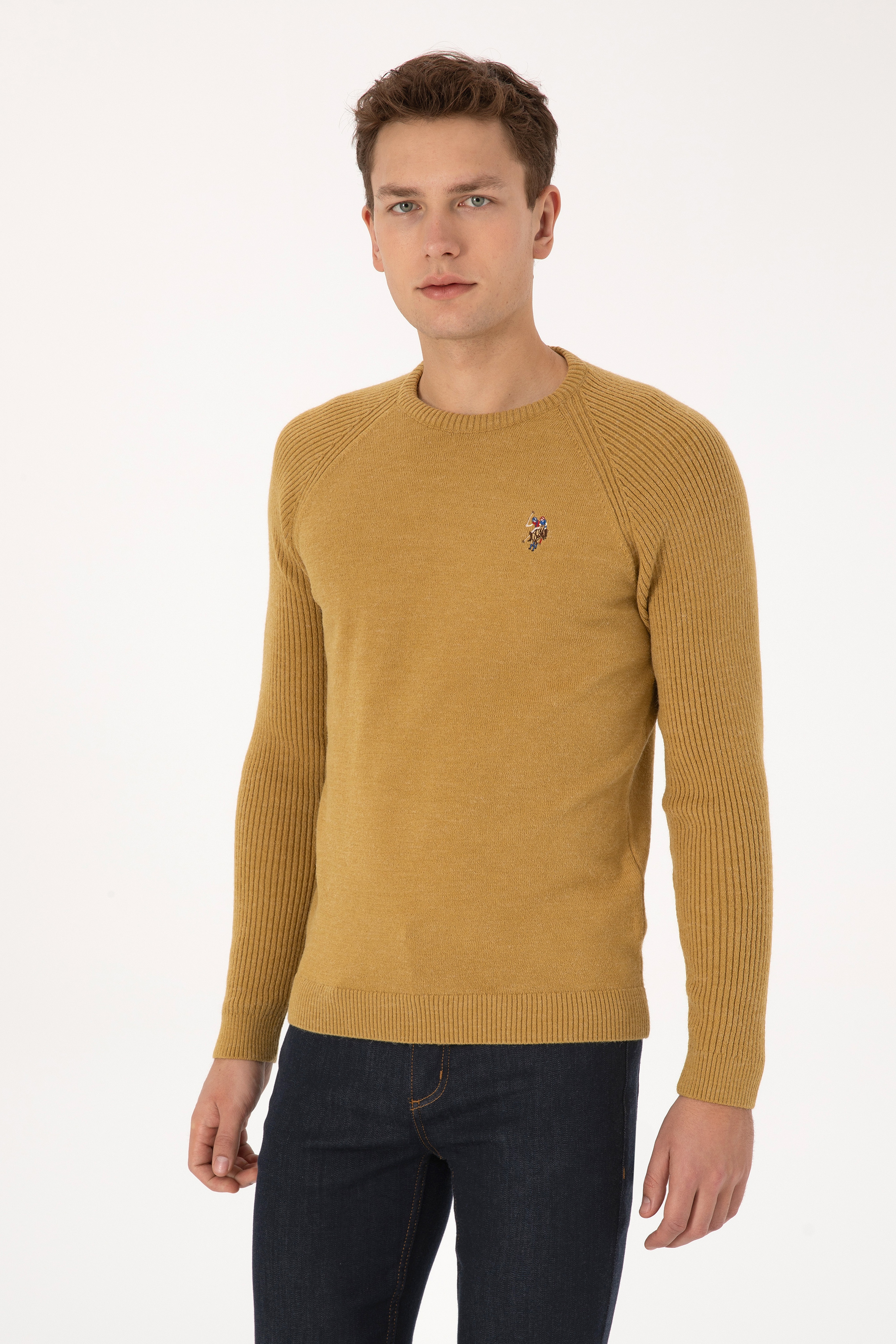 Erkek Regular Fit Bisiklet Yaka Hardal Kazak - Image 3
