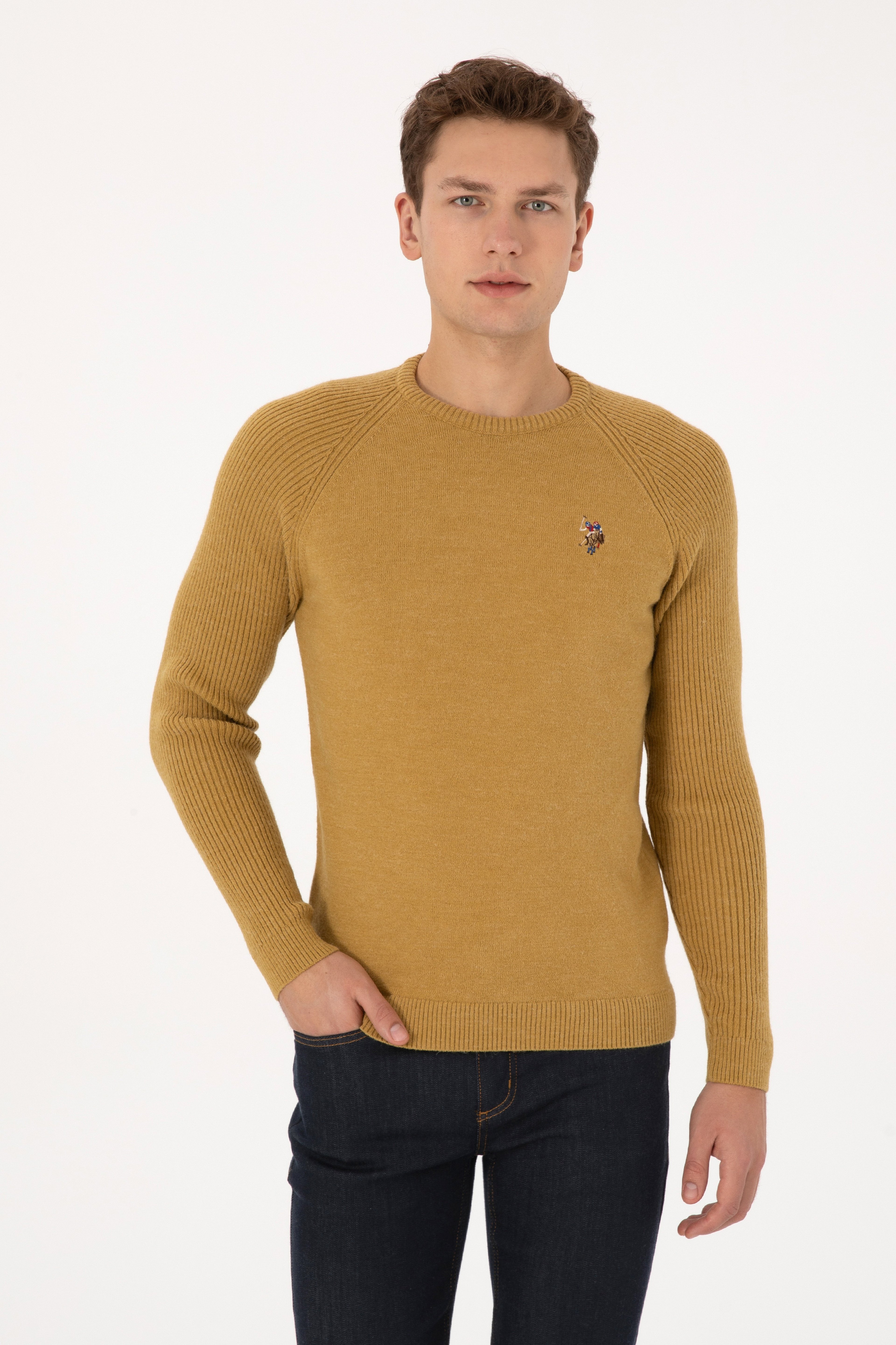 Erkek Regular Fit Bisiklet Yaka Hardal Kazak - Image 1